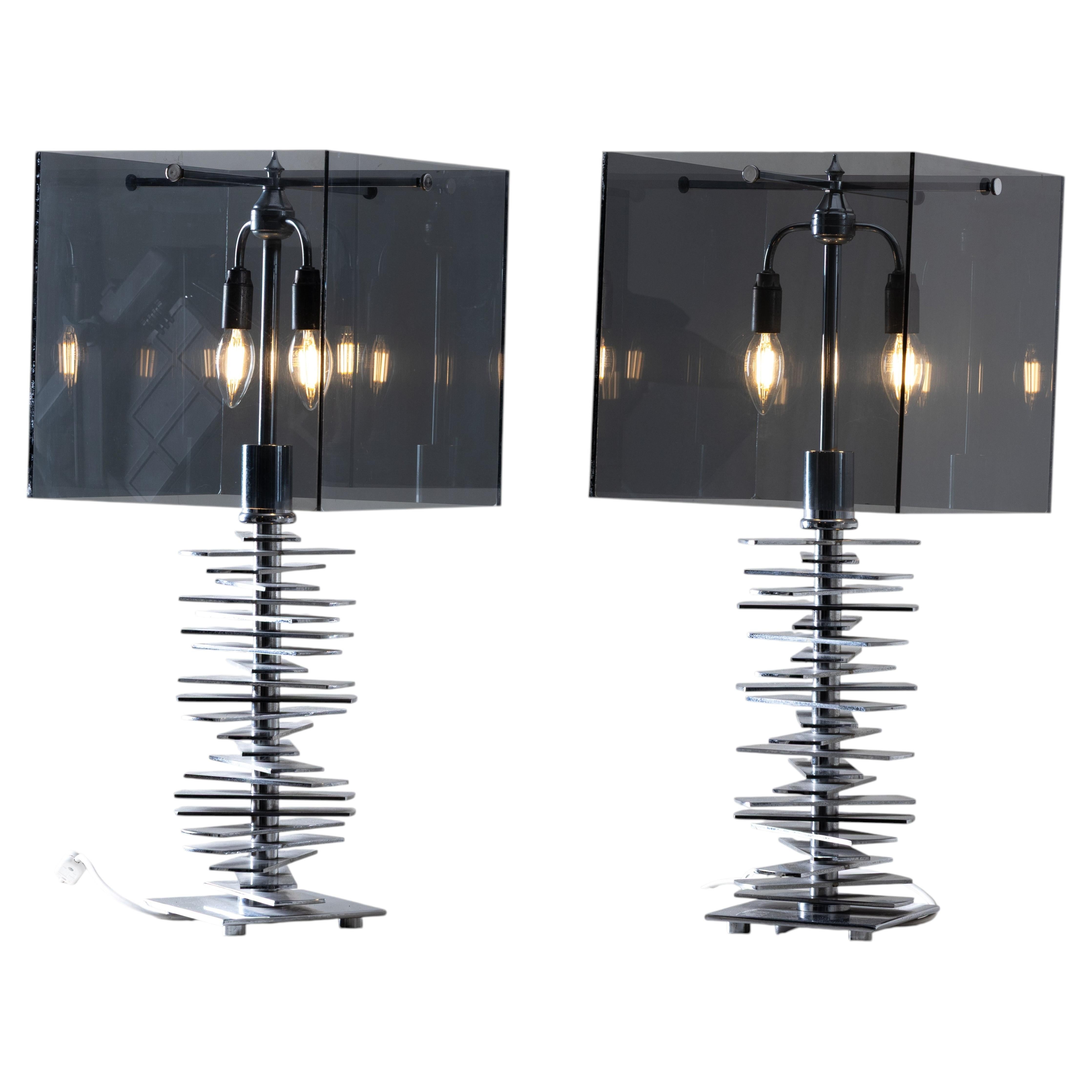 Plexiglass lamps and steel base, Set of 2 For Sale