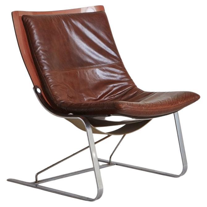 Lounge Chair with Wooden Frame and Brown Leather Cushions For Sale at