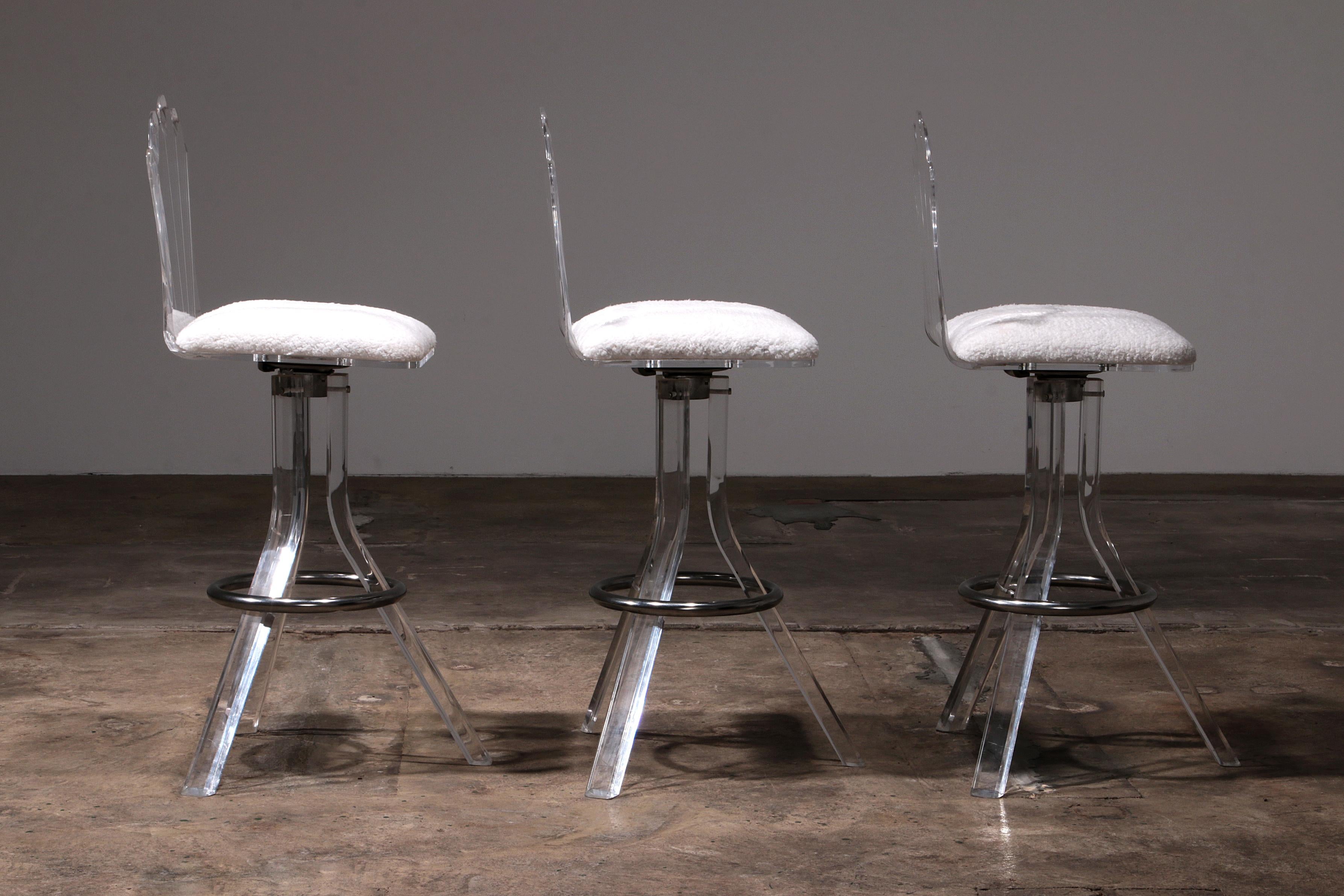 Fabric Plexiglass lucite bar stools and chrome swivel bar chairs, Hill Manufacturers For Sale