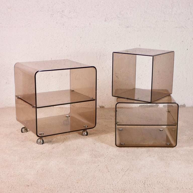 Plexiglass Side Table on Wheels by Michel Dumas for Roche Bobois, 1970s