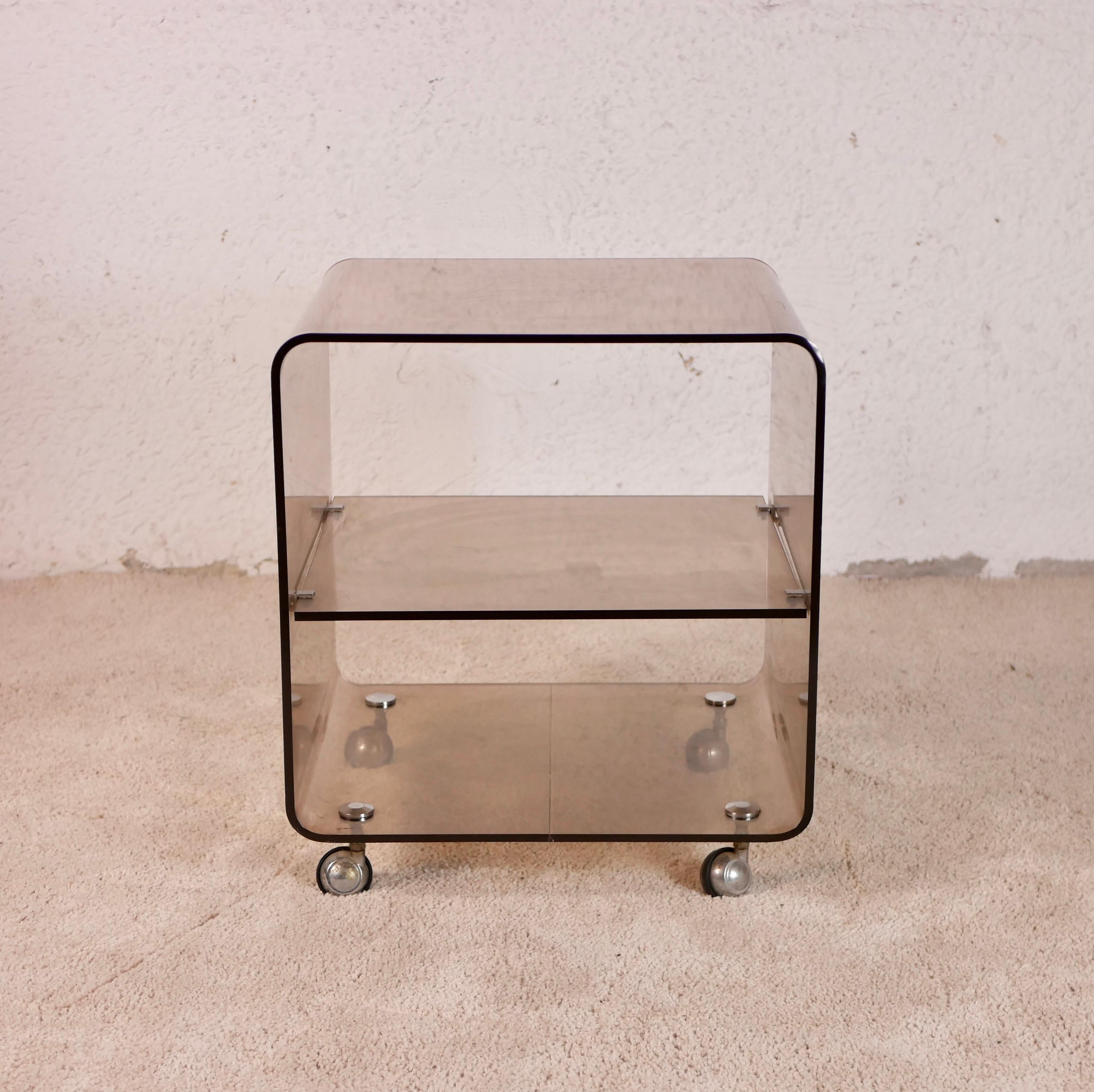 French Plexiglass Side Table on Wheels by Michel Dumas for Roche Bobois, 1970s