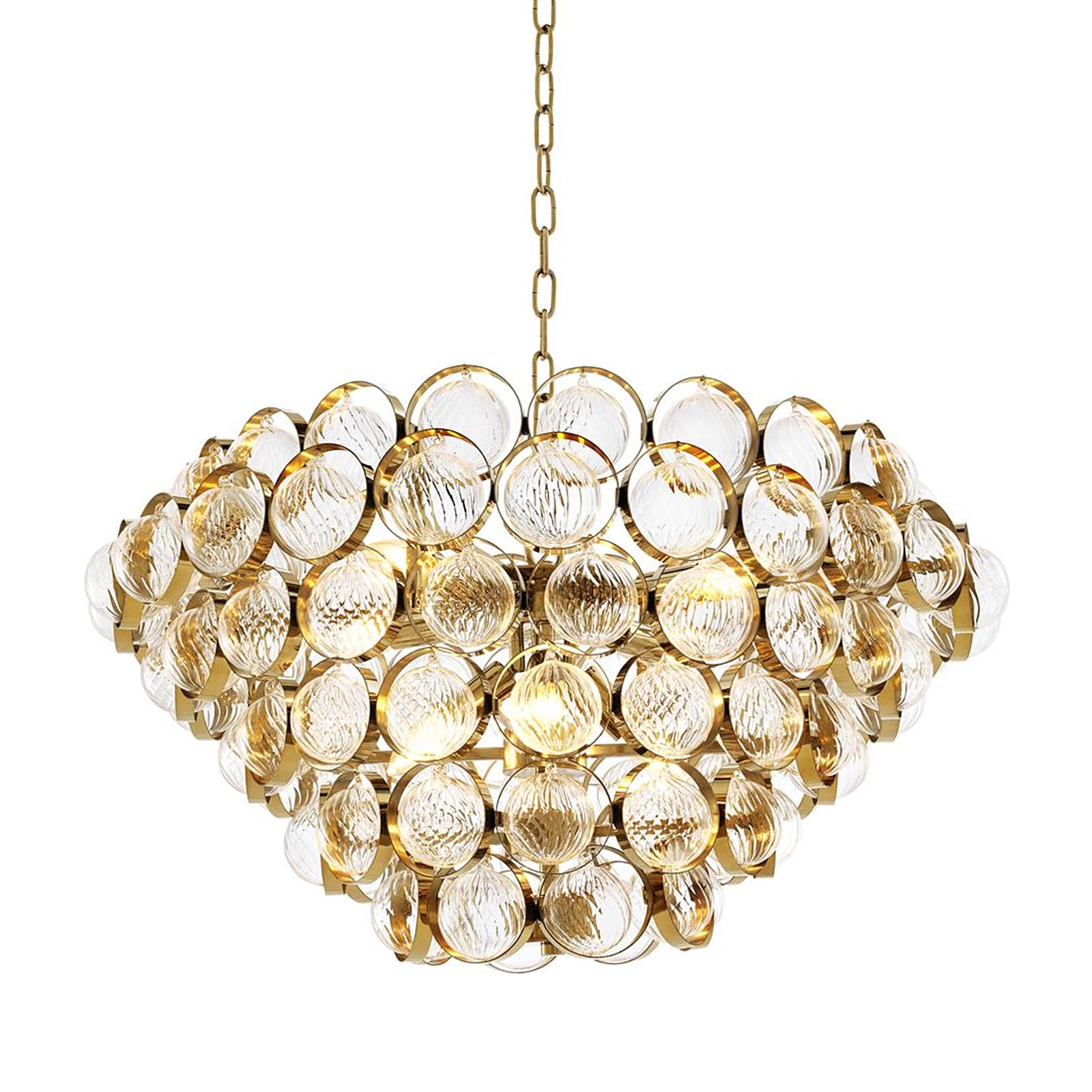 Chandelier Pleyel with all structure in solid brass
in polished finish, with clear glass. 8 bulbs, lamp
holder type E14, bulbs not included, max 40 watts.
Dimmable, dimmer not included. Including 150cm
hanging chain and 176cm wire cord.