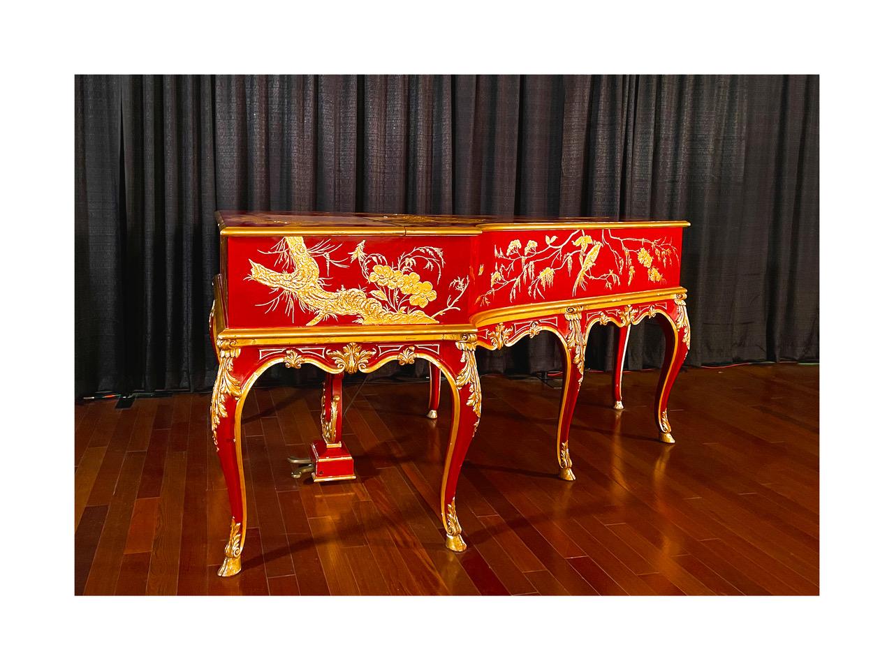 French Pleyel Chinoiserie, Louis XV Style with Red Chinese Lacquer & 24 Karat Water Gil For Sale