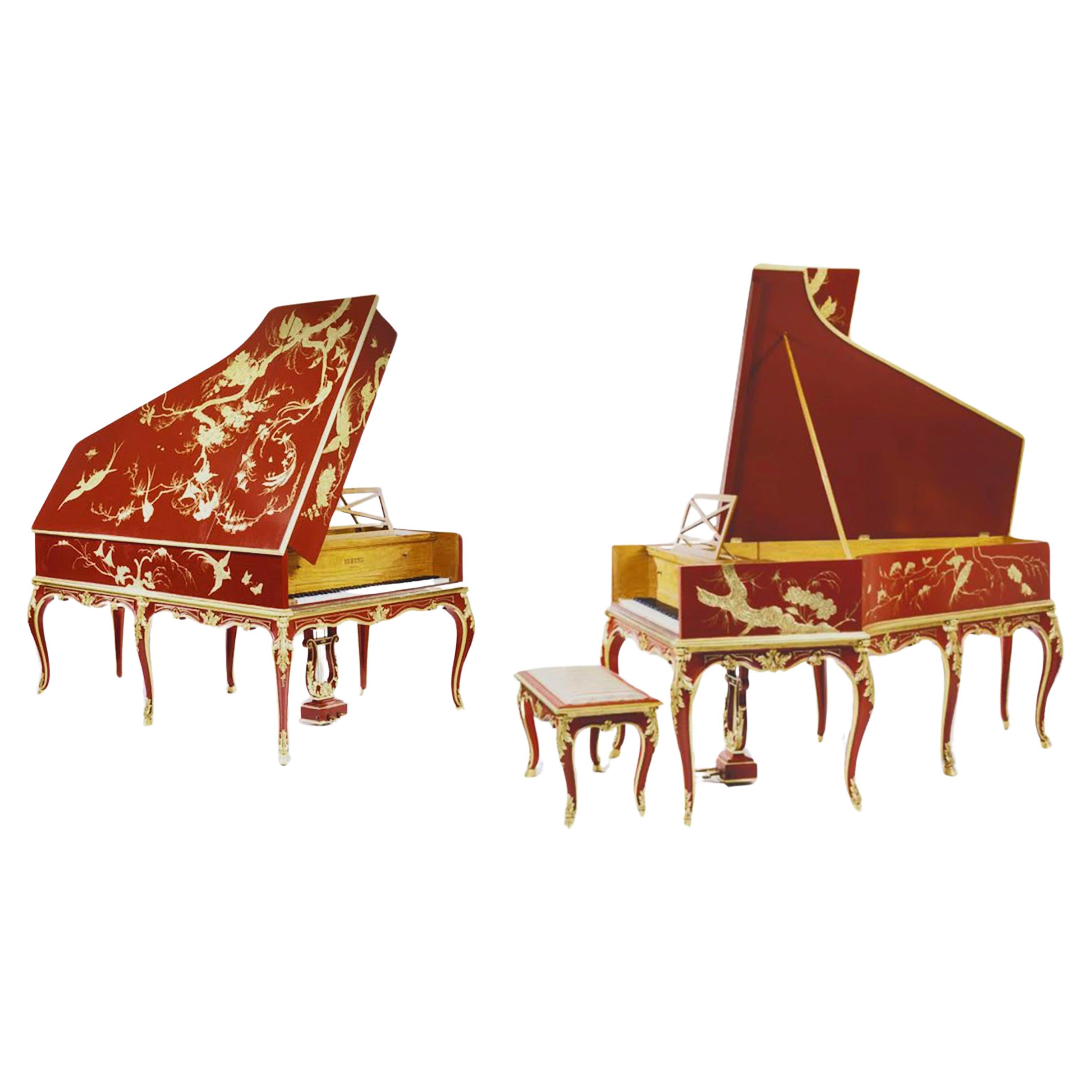 Pleyel Chinoiserie, Louis XV Style with Red Chinese Lacquer & 24 Karat Water Gil For Sale