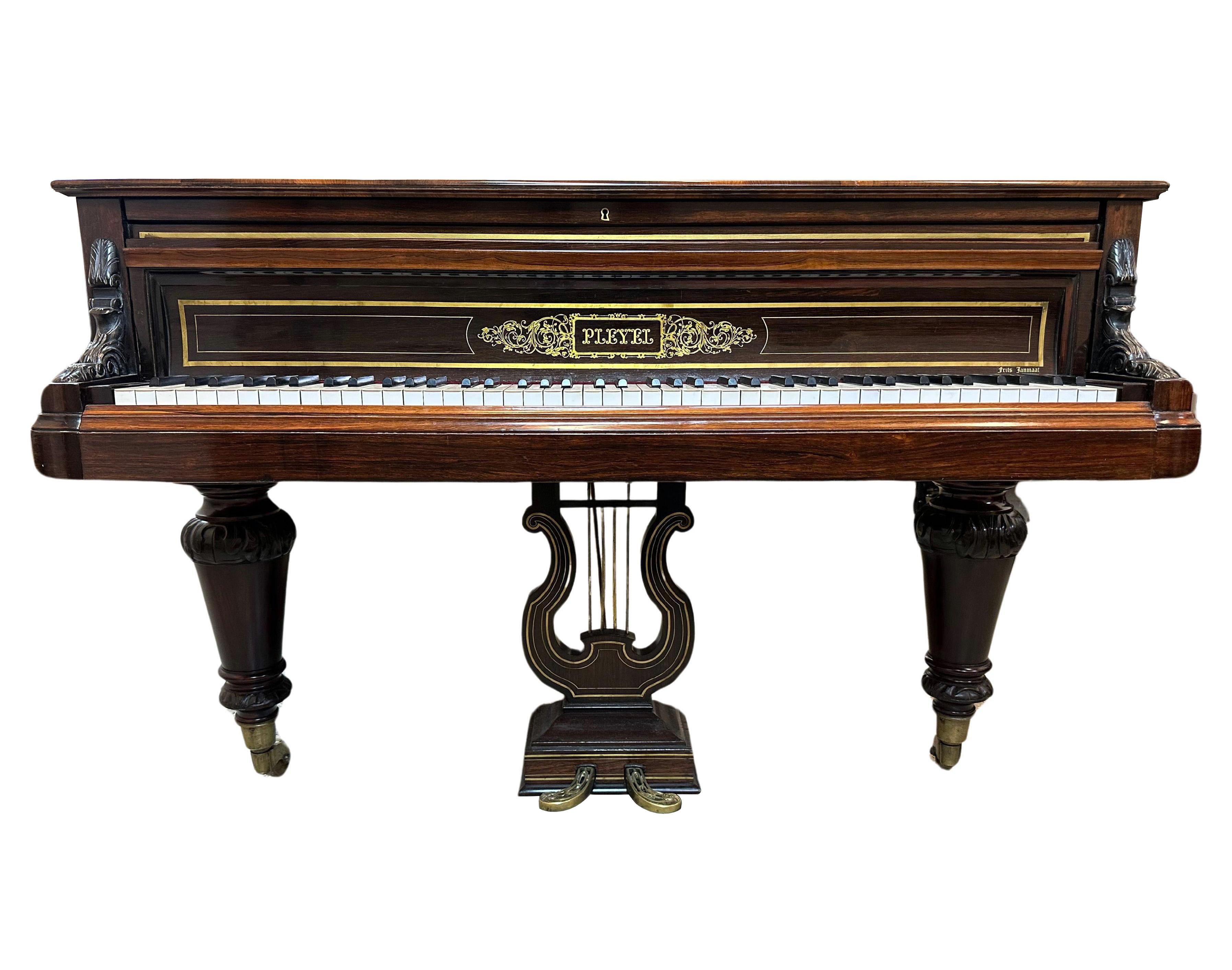 This Pleyel concert grand piano crafted in Paris in 1870 is a timeless masterpiece that embodies the elegance and craftsmanship of 19th-century French piano manufacturing. Pleyel instruments are renowned for their exceptional quality and rich