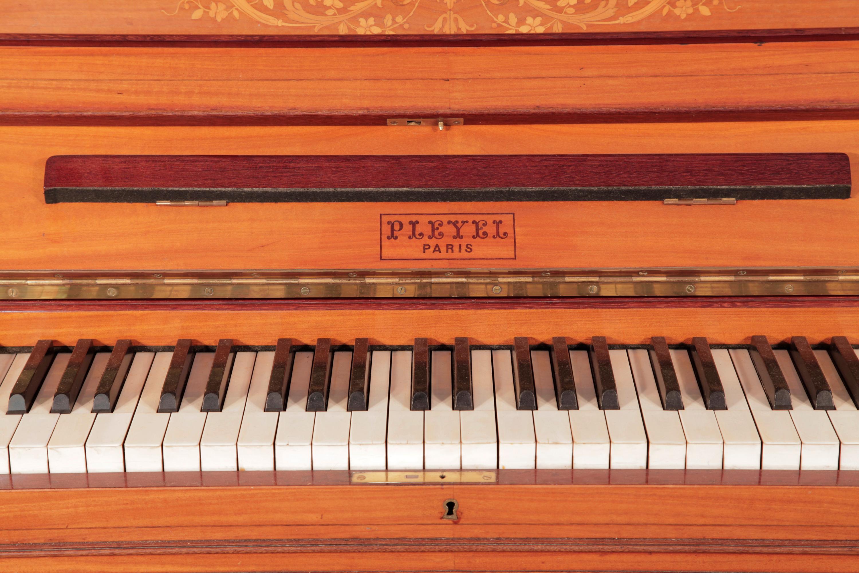 Pleyel Upright Piano Satinwood Neoclassical Inlay Fluted, Columnar Legs For Sale 4