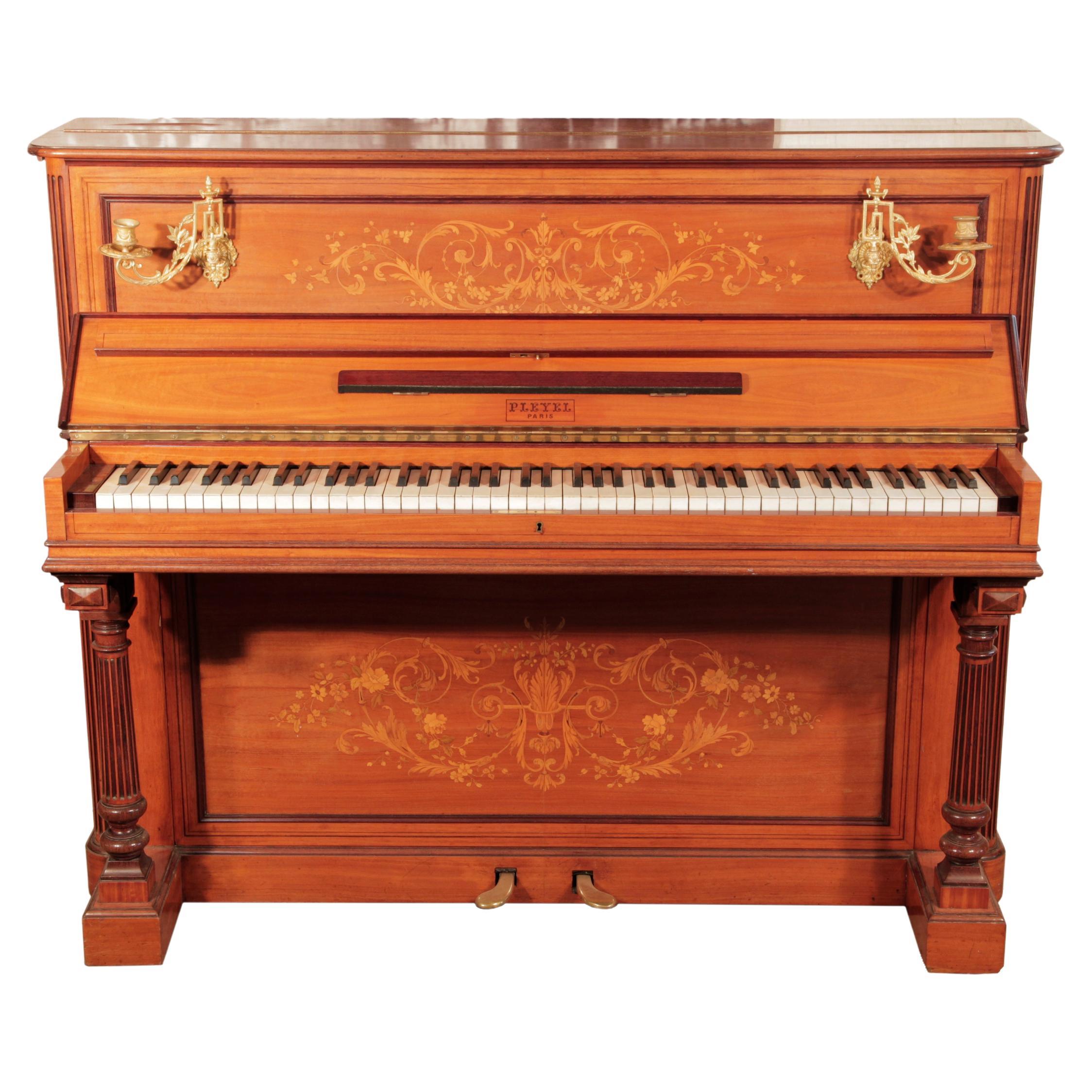 Pleyel Upright Piano Satinwood Neoclassical Inlay Fluted, Columnar Legs