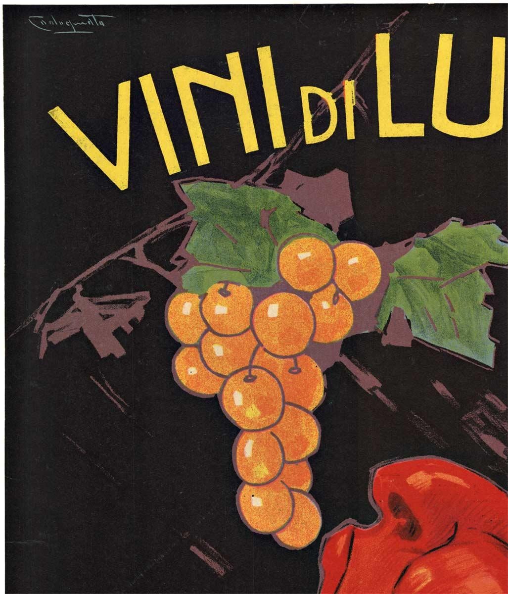 Affiche originale, italienne, lithographie vintage Vini di Lusso pour les vins fins.   La société italienne pour les vins supérieurs.   L'image d'un satyre (ou de Bacchus)  s'apprêtant à manger une grappe de raisin suspendue au-dessus de sa tête. 