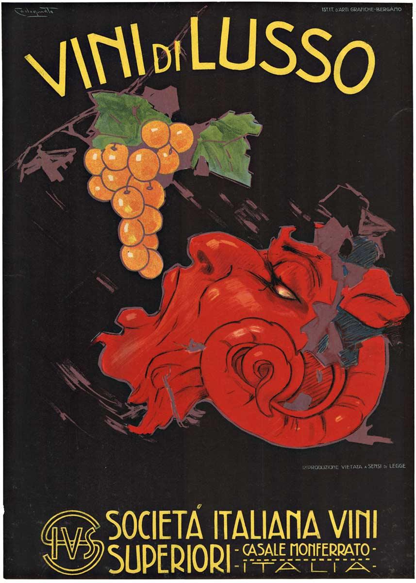 Plinio Codognato Animal Print - Original Vini di Lusso Italian wine vintage poster  1922