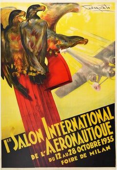Original Vintage Poster Aeronautique Foire De Milan Aeronautics Show Eagle Plane