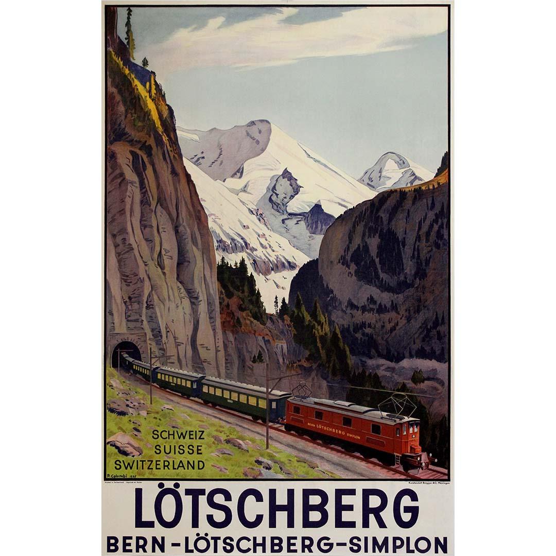 1937 original poster by Colombi  - Bernese Alps via the Lötschberg and Simplon - Print by Plinio Colombi