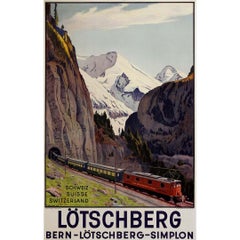1937 cartel original de Colombi  - Alpes berneses por el Lötschberg y el Simplon
