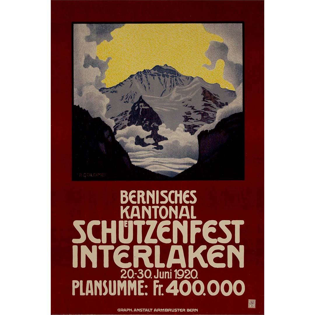 Plinio Colombi's 1920 original poster for the "Bernisches Kantonal Schützenfest Interlaken" is a visual masterpiece that captures the essence of camaraderie, tradition, and marksmanship. This poster serves as a vibrant invitation to the cantonal