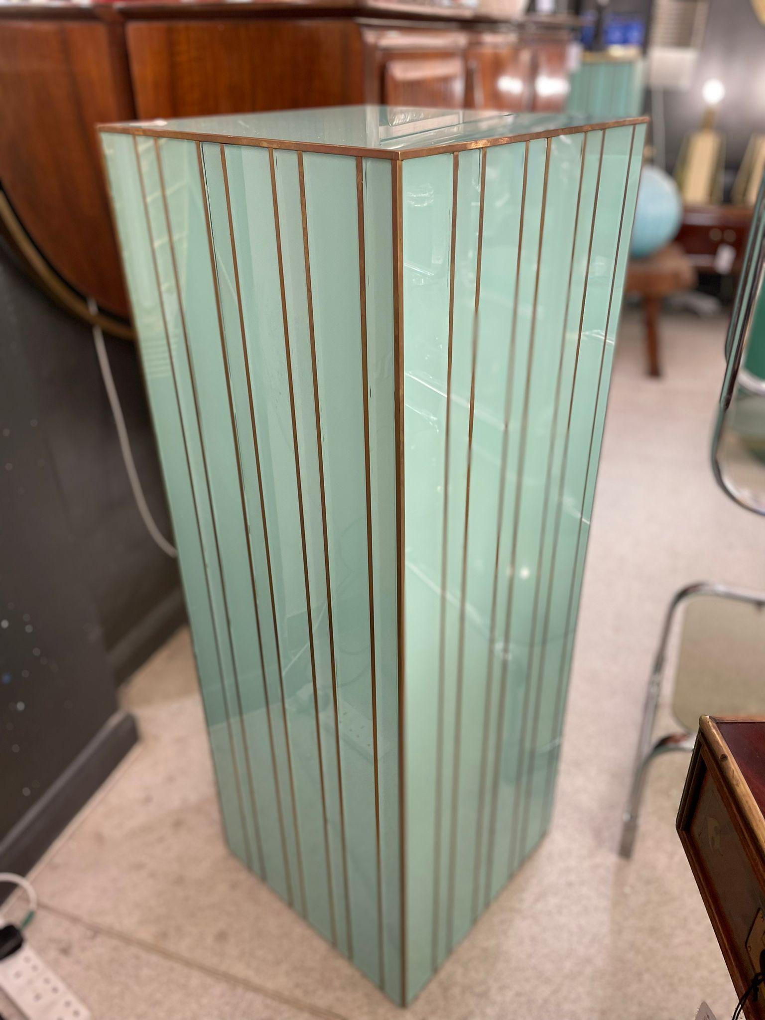 Mid-Century Modern Plinth in Turquoise Colour Glass and Brass Decorations, Italy, 1980s For Sale
