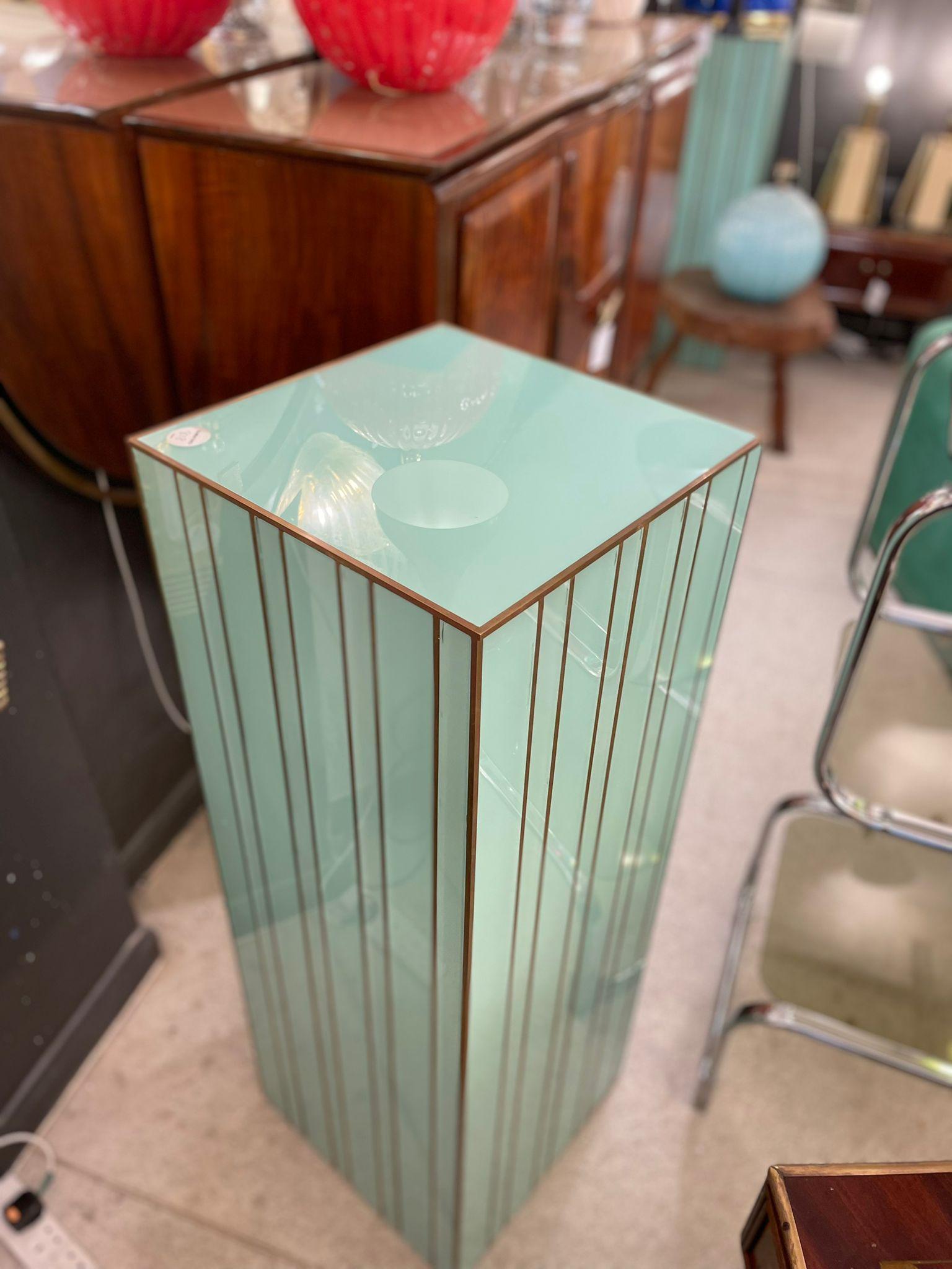 Italian Plinth in Turquoise Colour Glass and Brass Decorations, Italy, 1980s For Sale