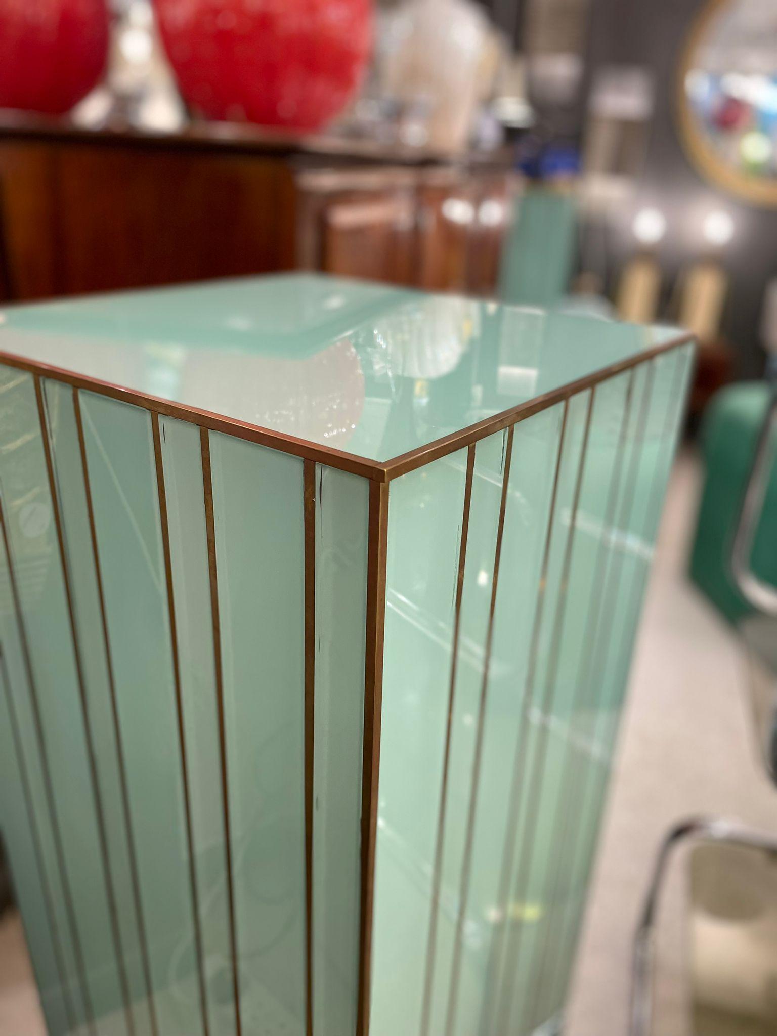 Late 20th Century Plinth in Turquoise Colour Glass and Brass Decorations, Italy, 1980s For Sale