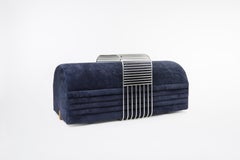 Plinto Bench in Deep Blue Suede and Brazilian Lapacho Wood with Side Table