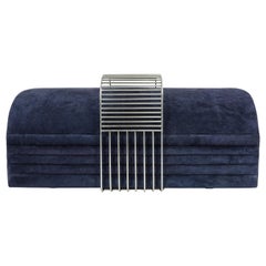 Plinto Bench in Deep Blue Suede and Brazilian Lapacho Wood with Side Table