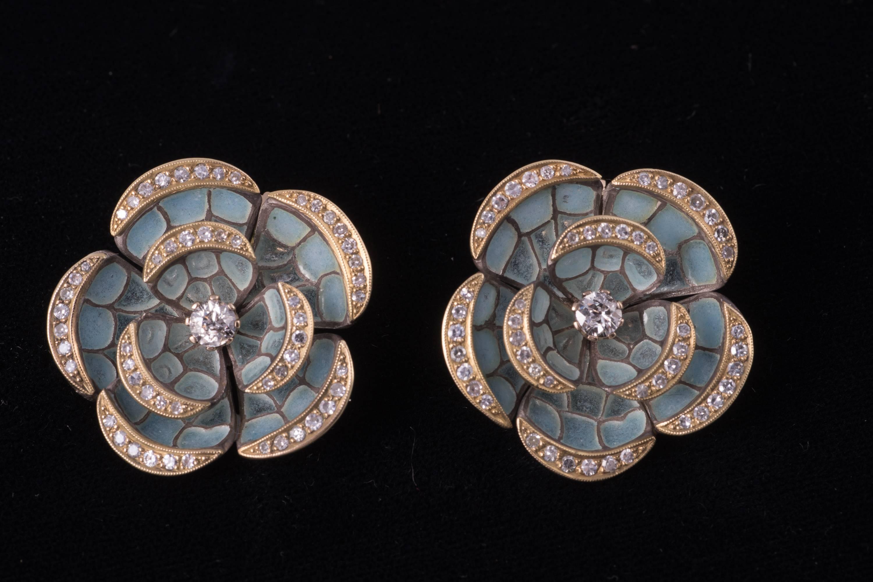 Art Deco Plique-à-Jour Enamel and Diamond Earrings