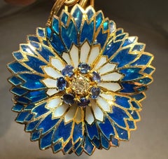 Plique A Jour 18K Gold Diamond And Blue Sapphire Floral Pin Brooch