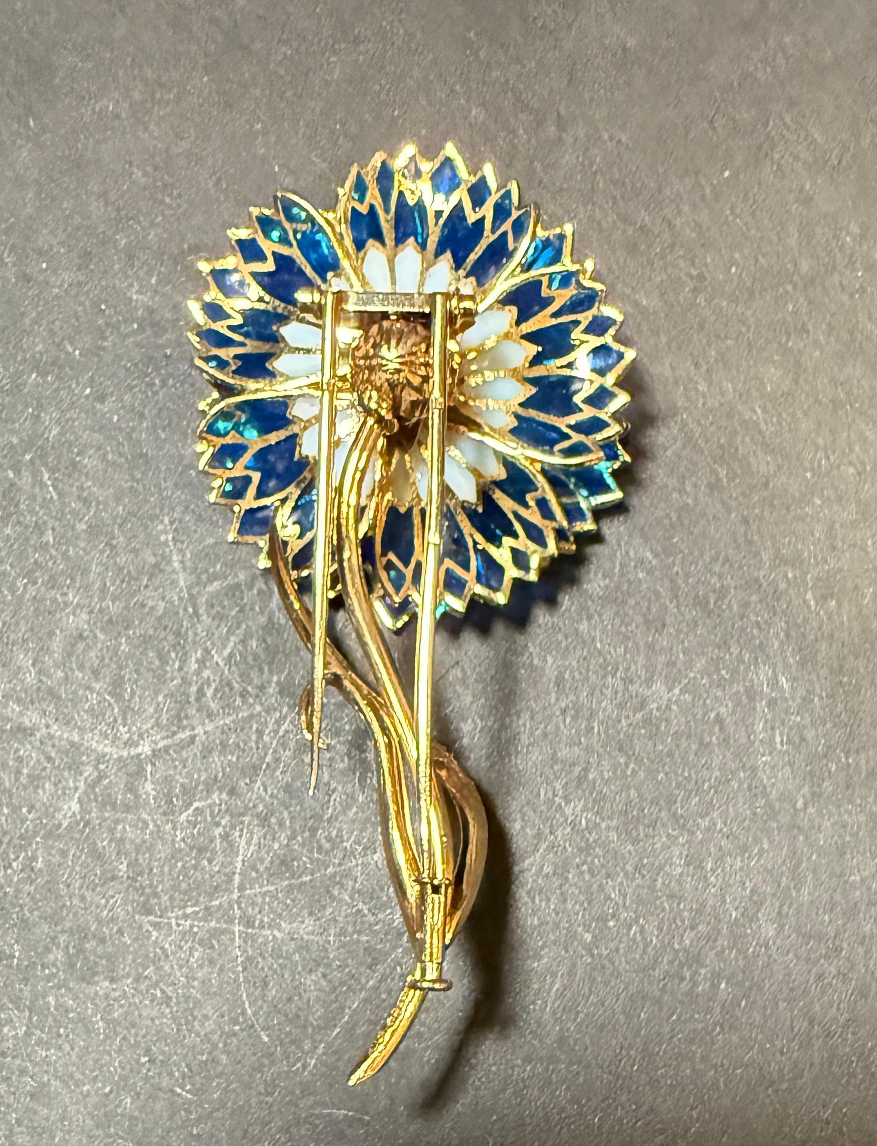 Austrian Plique A Jour 18K Gold Diamond And Blue Sapphire Floral Pin Brooch For Sale