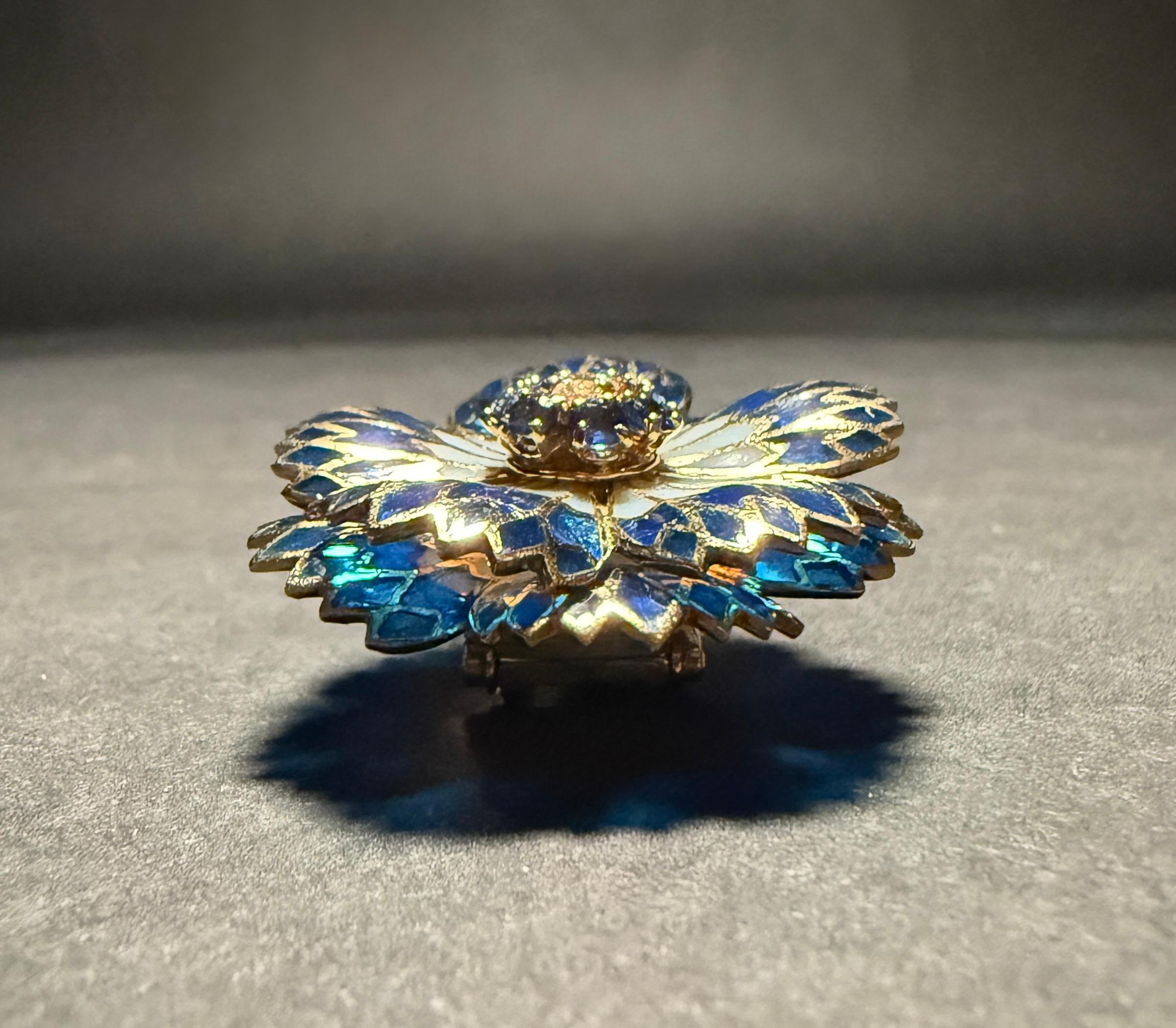 Plique A Jour 18K Gold Diamond And Blue Sapphire Floral Pin Brooch In Good Condition For Sale In Norwood, NJ