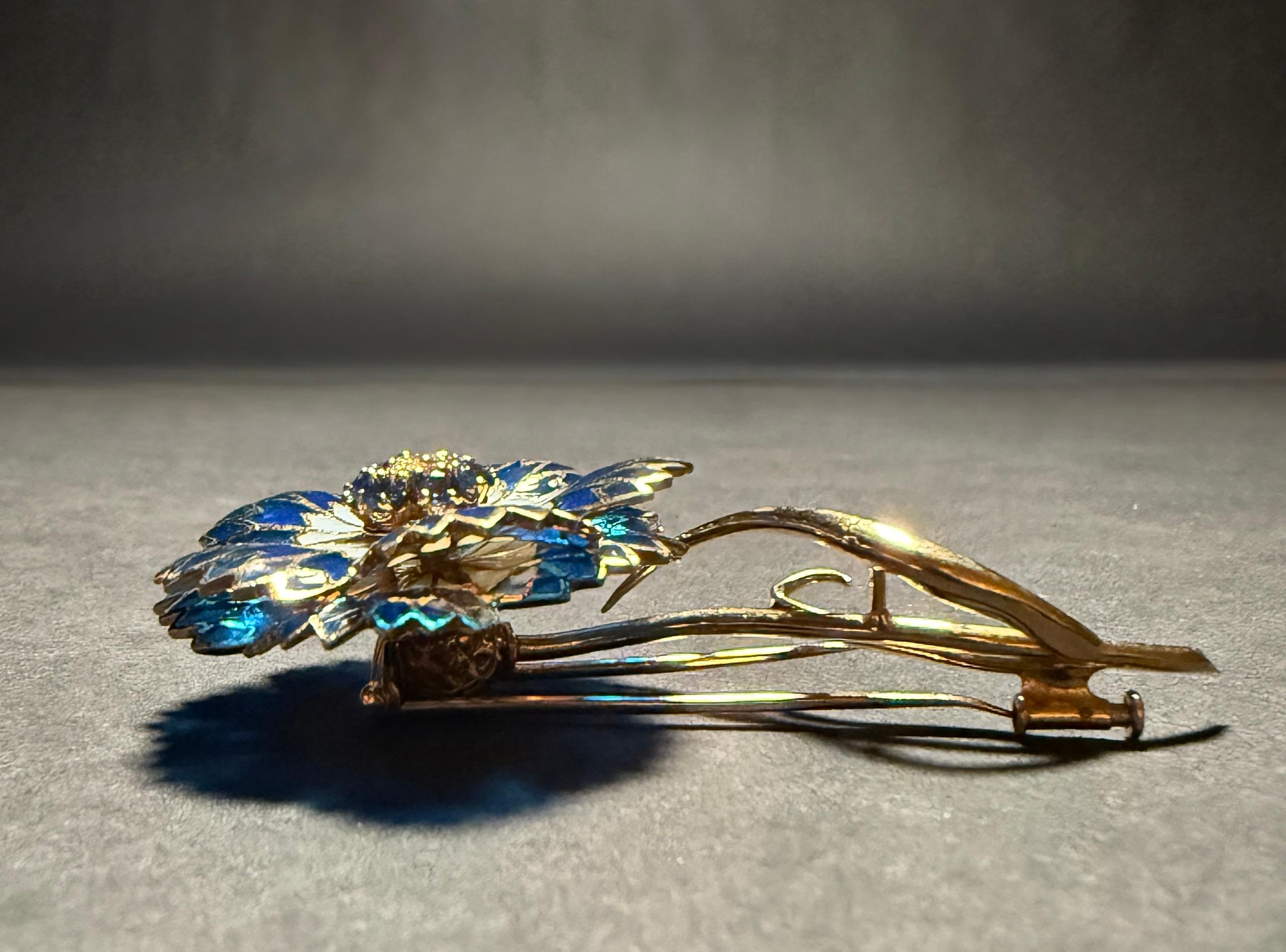 20th Century Plique A Jour 18K Gold Diamond And Blue Sapphire Floral Pin Brooch For Sale