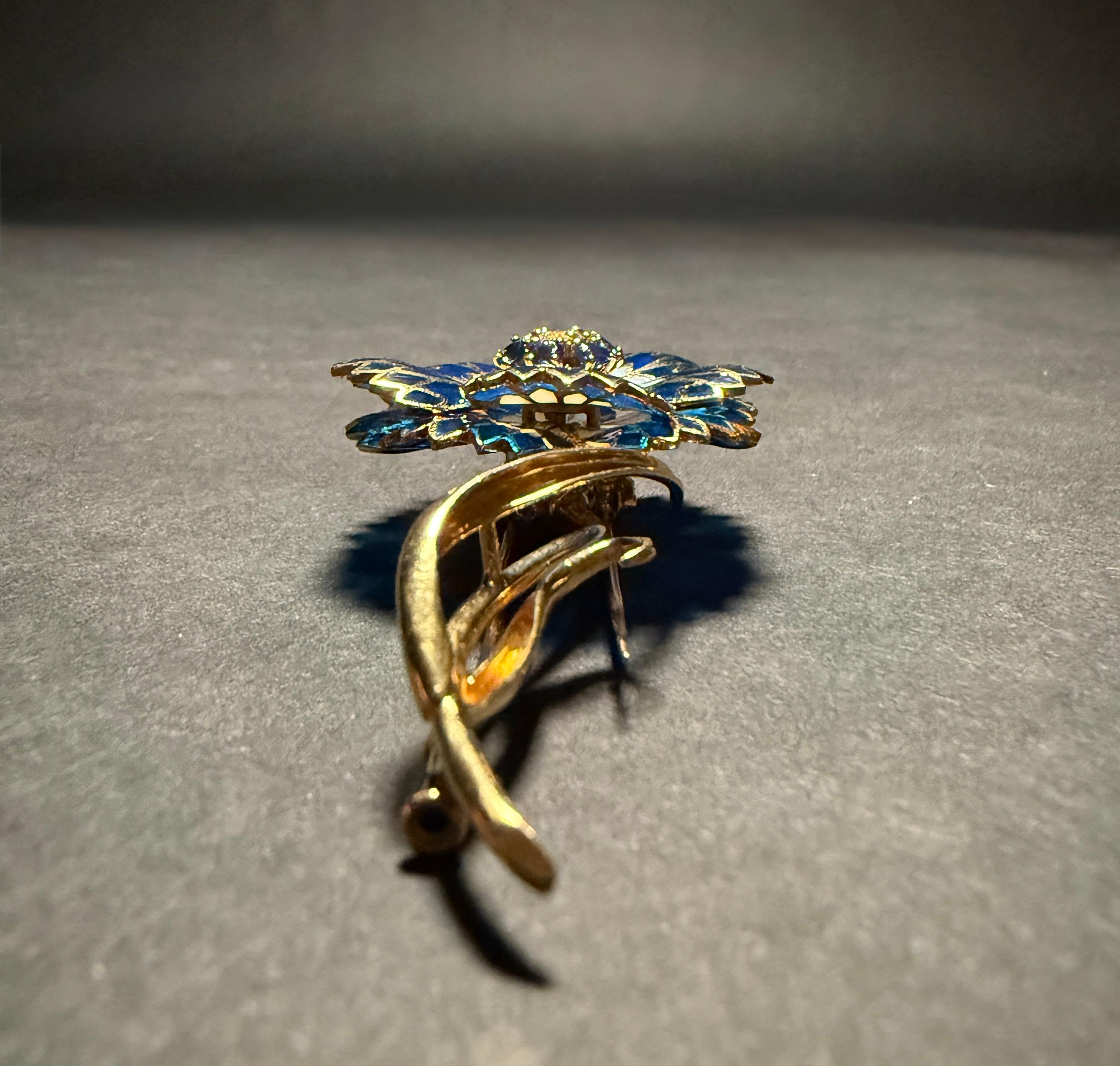 Plique A Jour 18K Gold Diamond And Blue Sapphire Floral Pin Brooch For Sale 1
