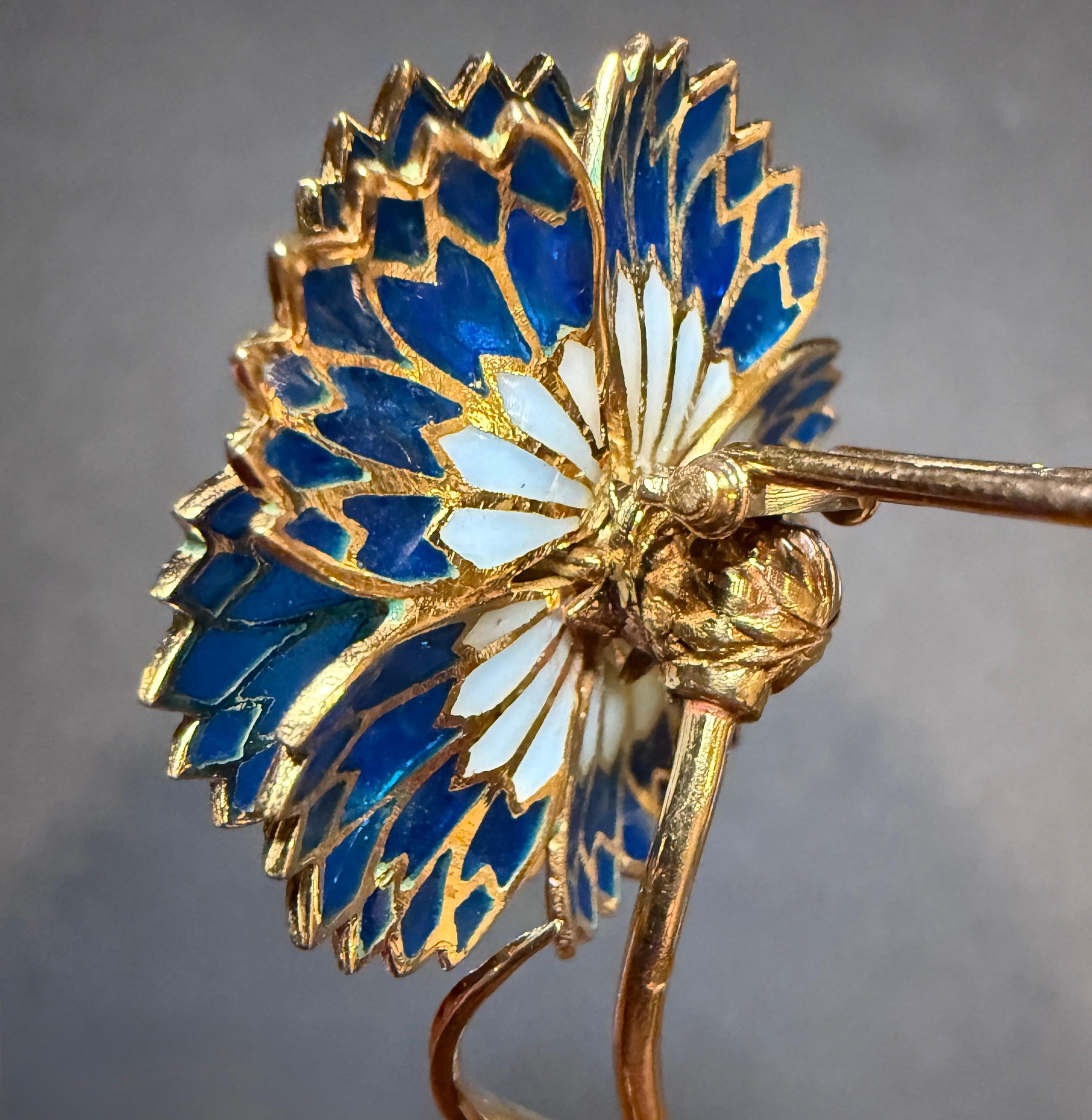 Plique A Jour 18K Gold Diamond And Blue Sapphire Floral Pin Brooch For Sale 2
