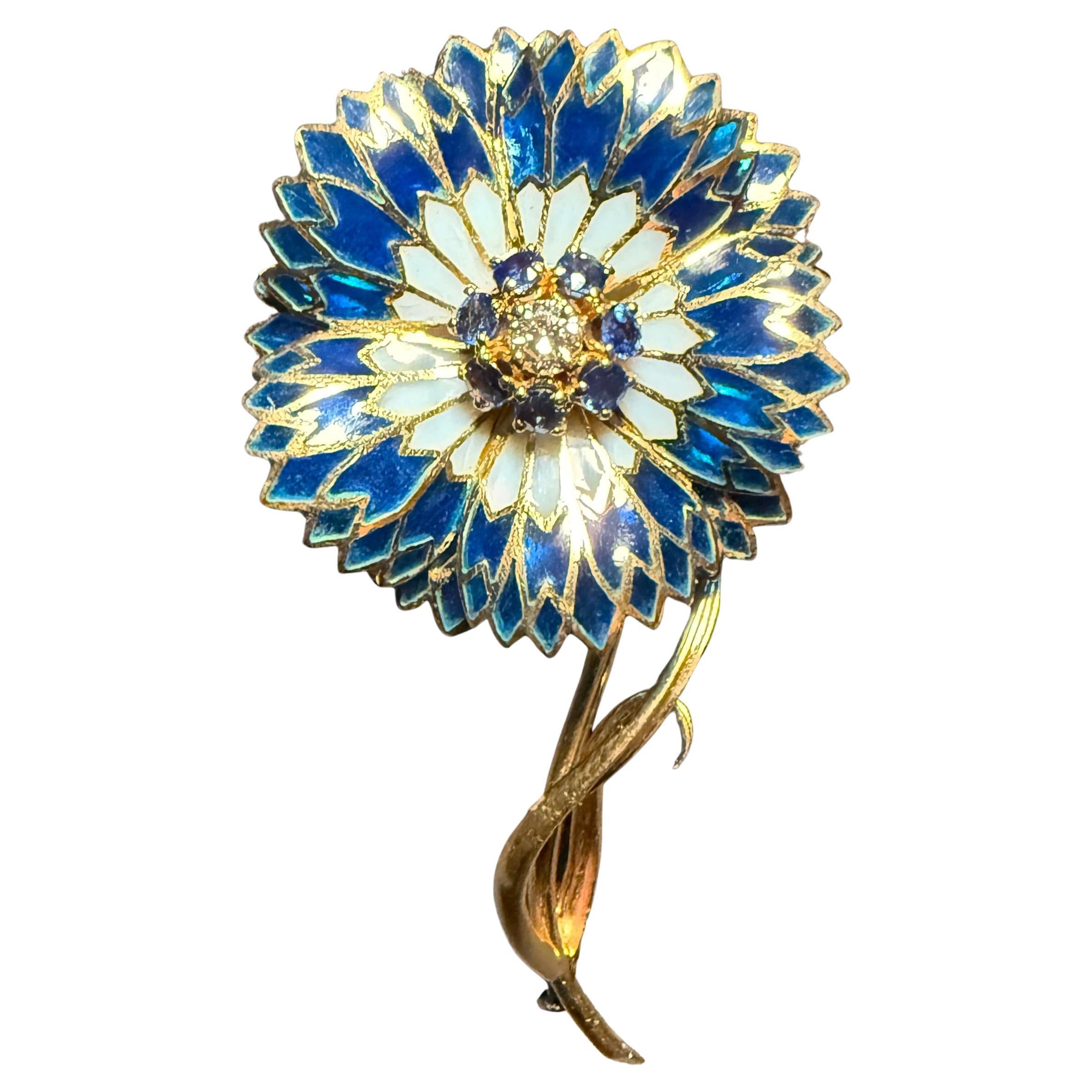 Plique A Jour 18K Gold Diamond And Blue Sapphire Floral Pin Brooch