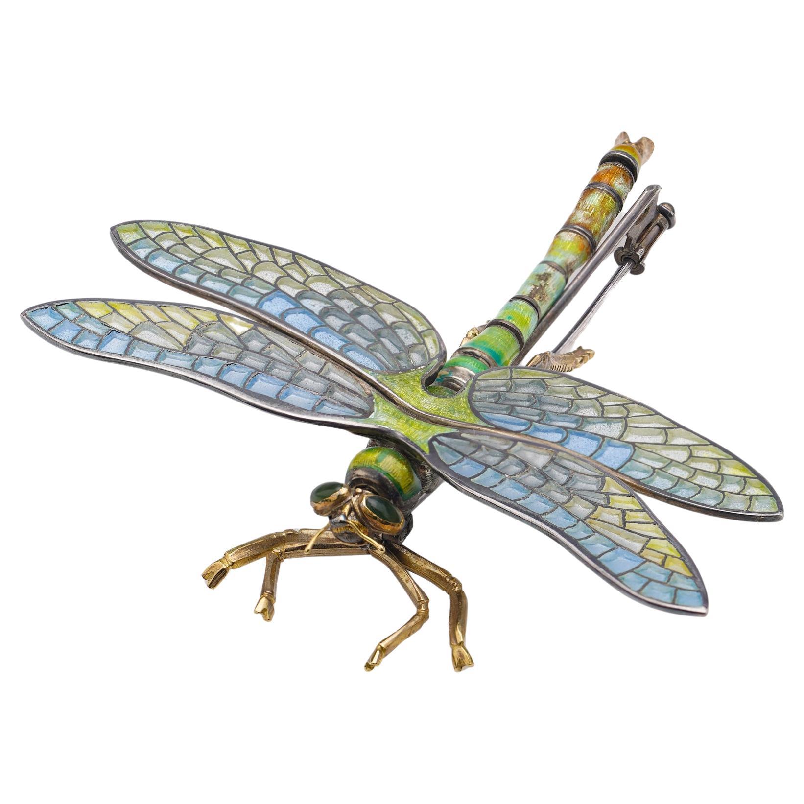 Plique À Jour and Enamel 18kt Yellow Gold and Silver Dragonfly Brooch