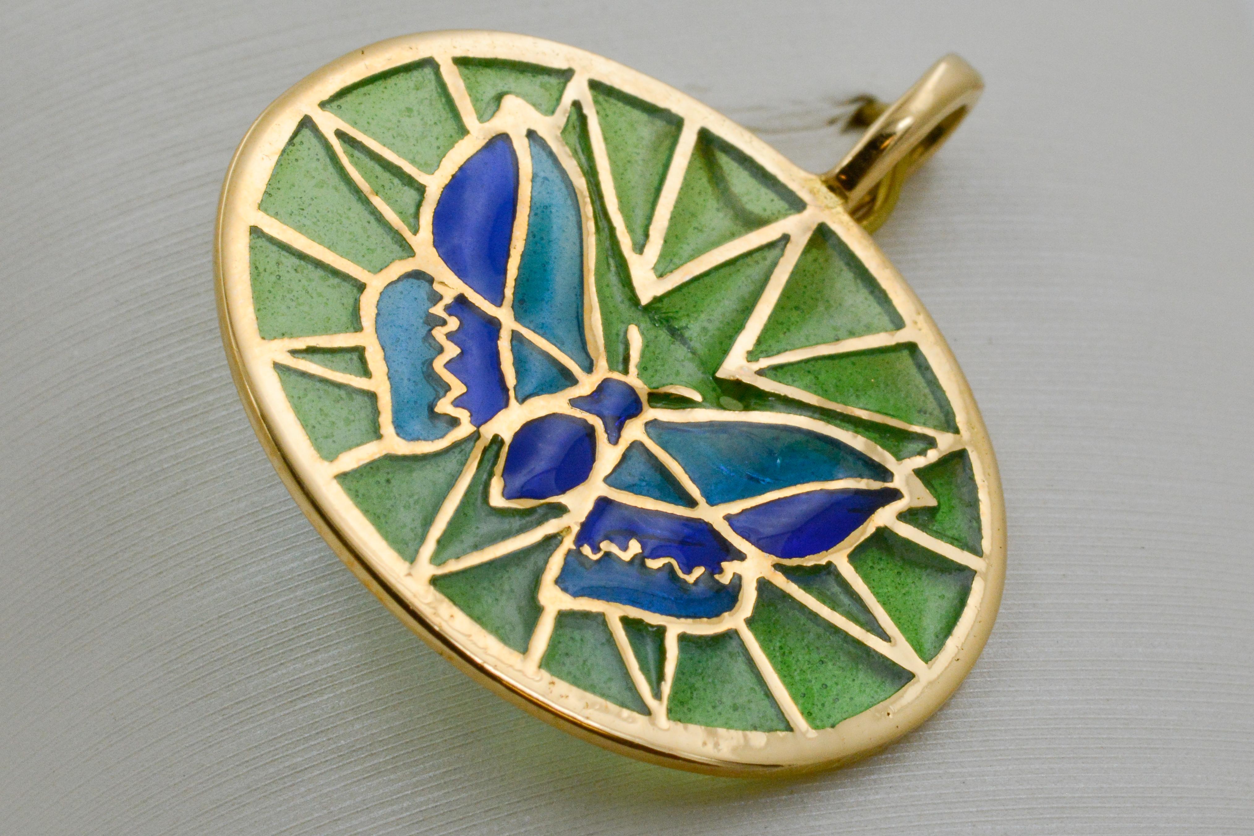 Modern Plique a Jour Butterfly Enameled Glass 18 Karat Gold Pendant