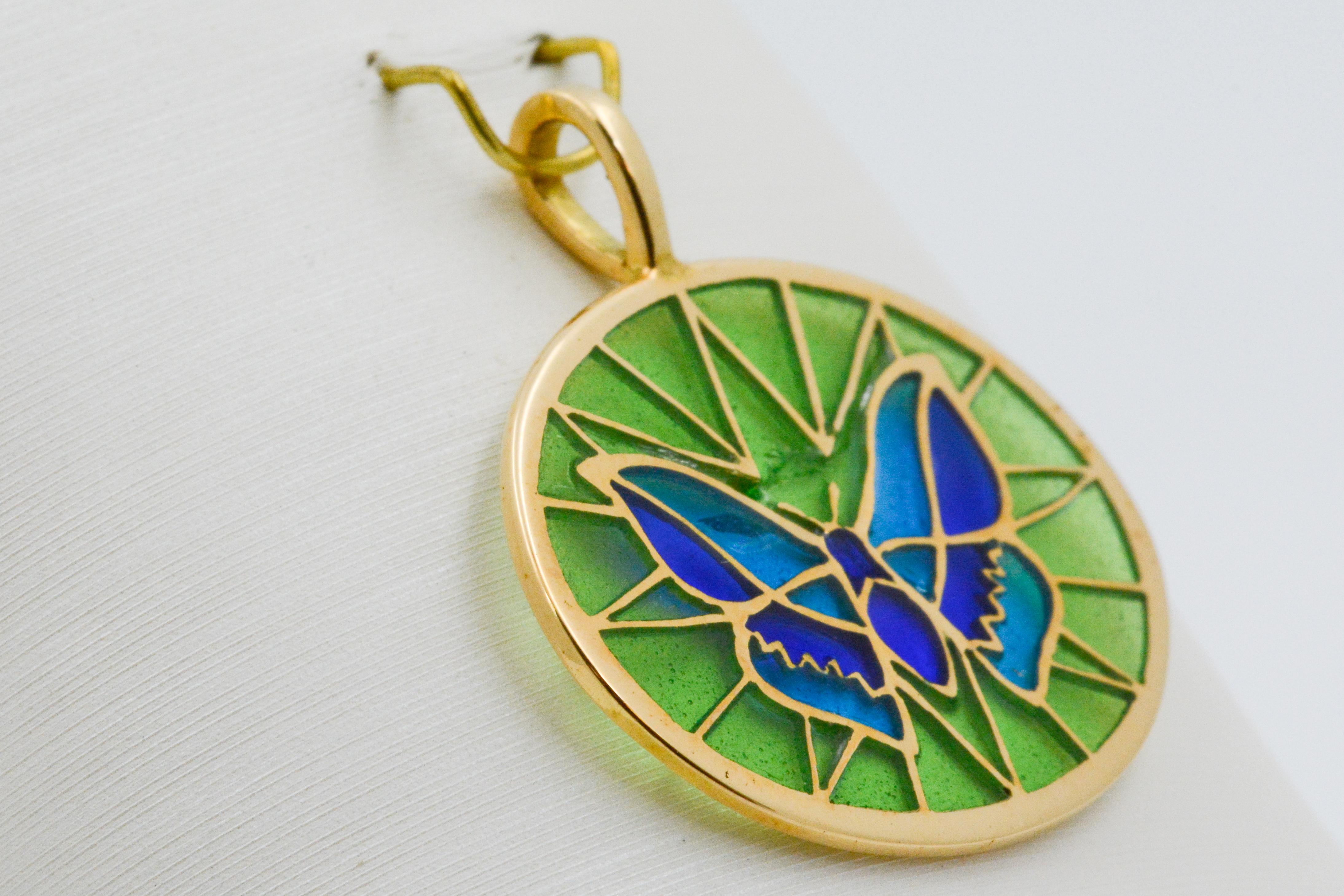 Women's or Men's Plique a Jour Butterfly Enameled Glass 18 Karat Gold Pendant