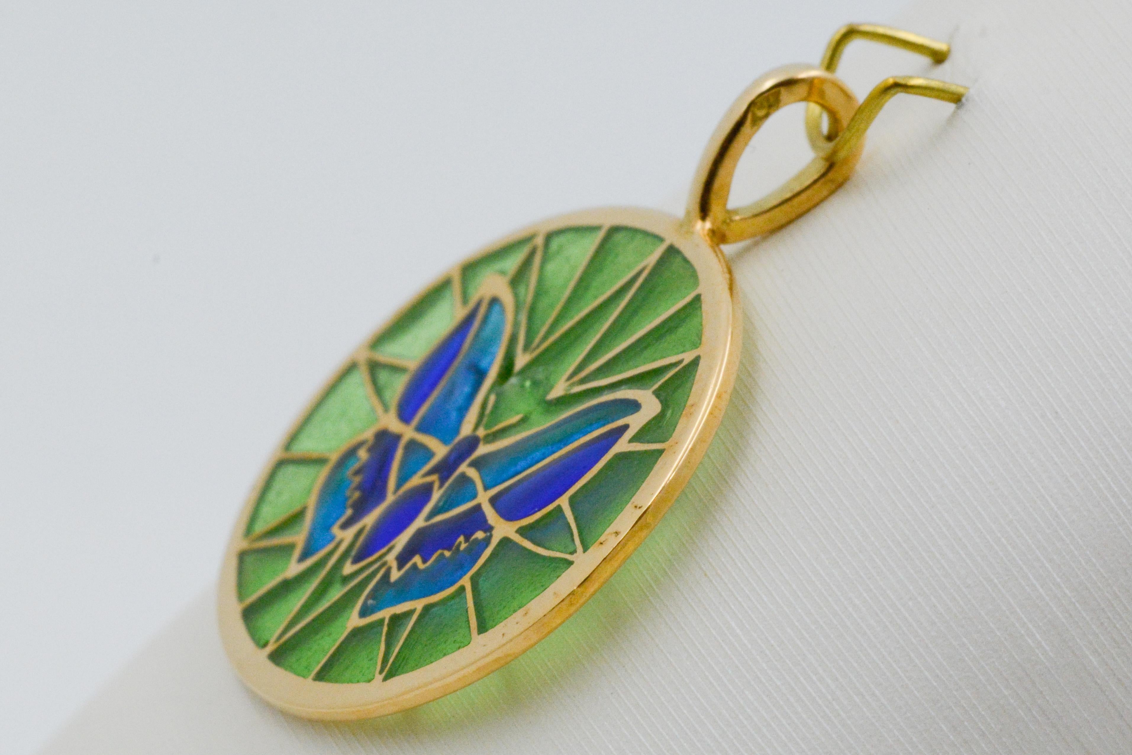 Plique a Jour Butterfly Enameled Glass 18 Karat Gold Pendant 1