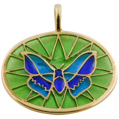 Vintage Plique a Jour Butterfly Enameled Glass 18 Karat Gold Pendant