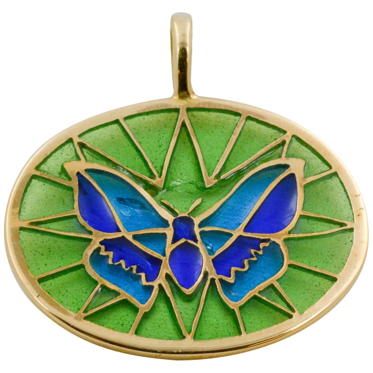 Plique a Jour Butterfly Enameled Glass 18 Karat Gold Pendant For Sale