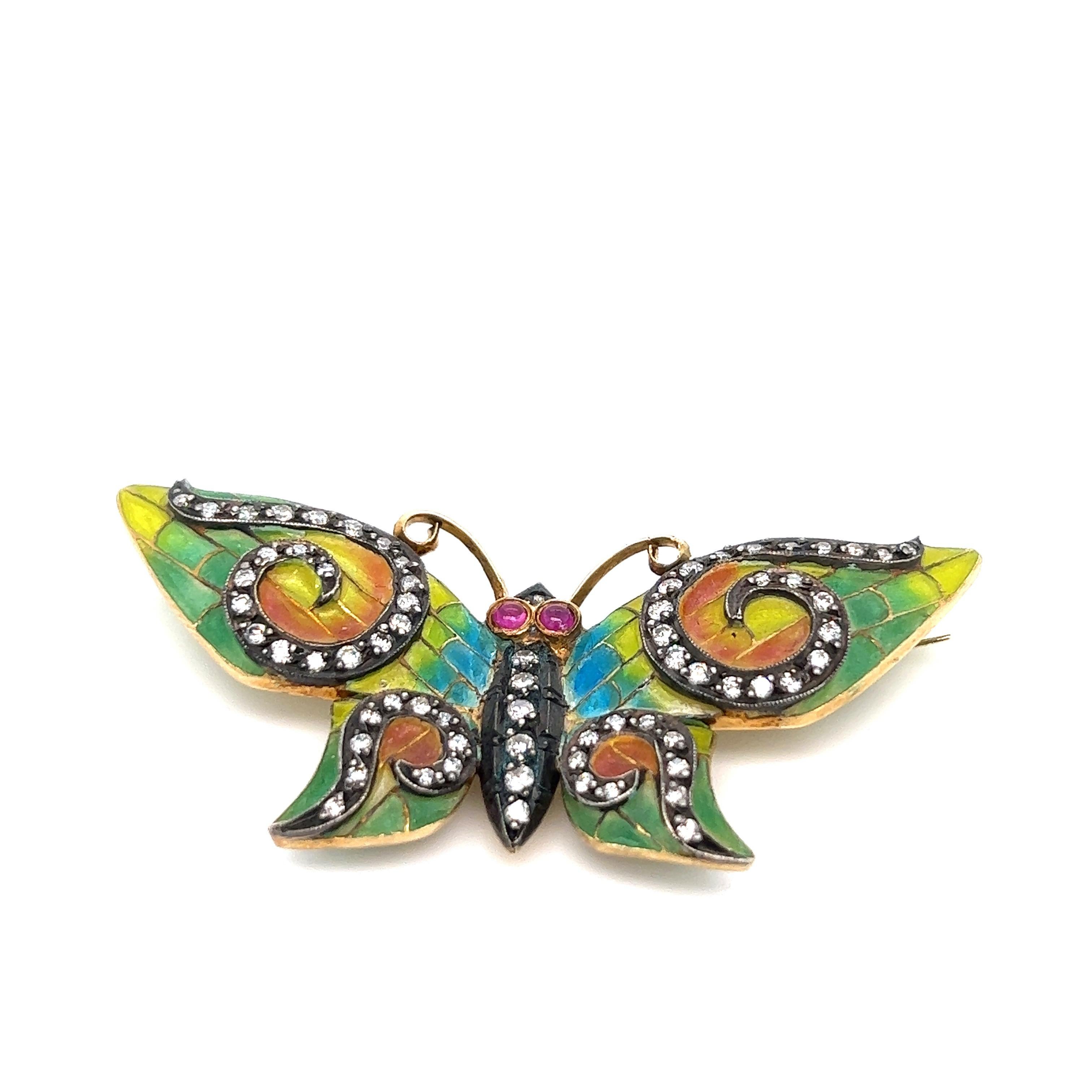 Round Cut Plique-á-jour Butterfly Gold Brooch For Sale