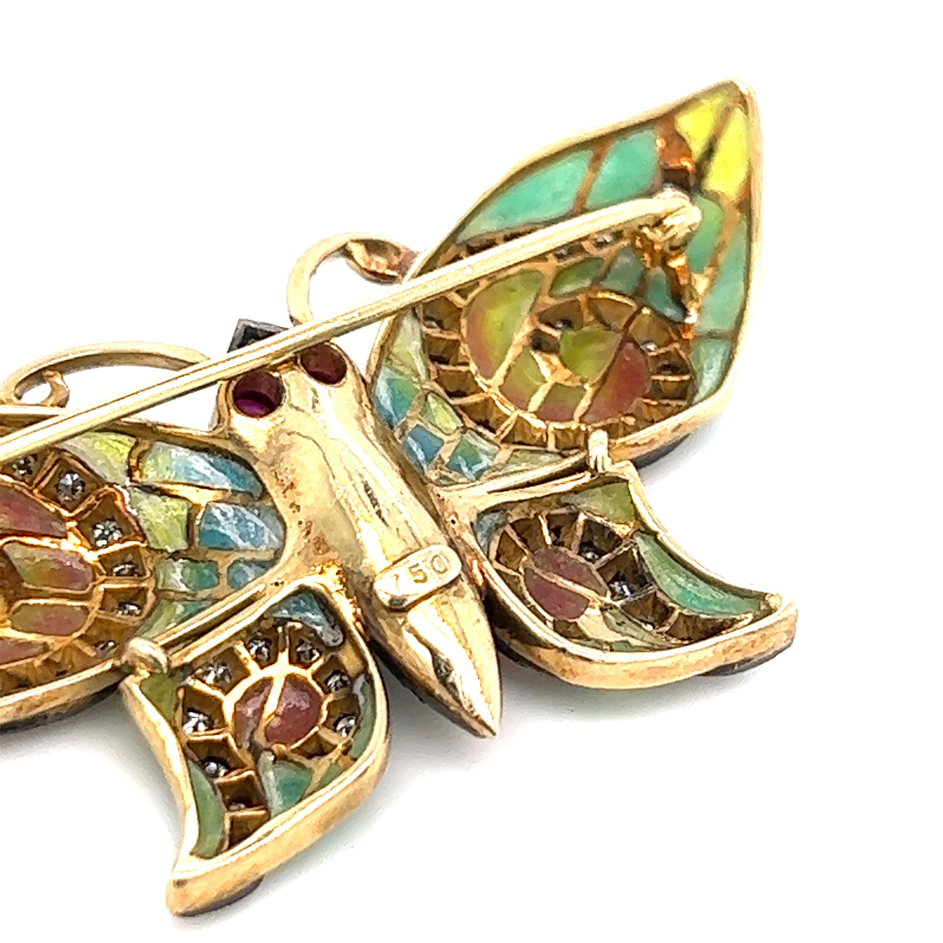 Plique-á-jour Butterfly Gold Brooch In Excellent Condition For Sale In New York, NY