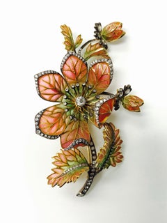 Plique- A-Jour Diamond and Enamel Brooch in 18 Karat Gold and Silver