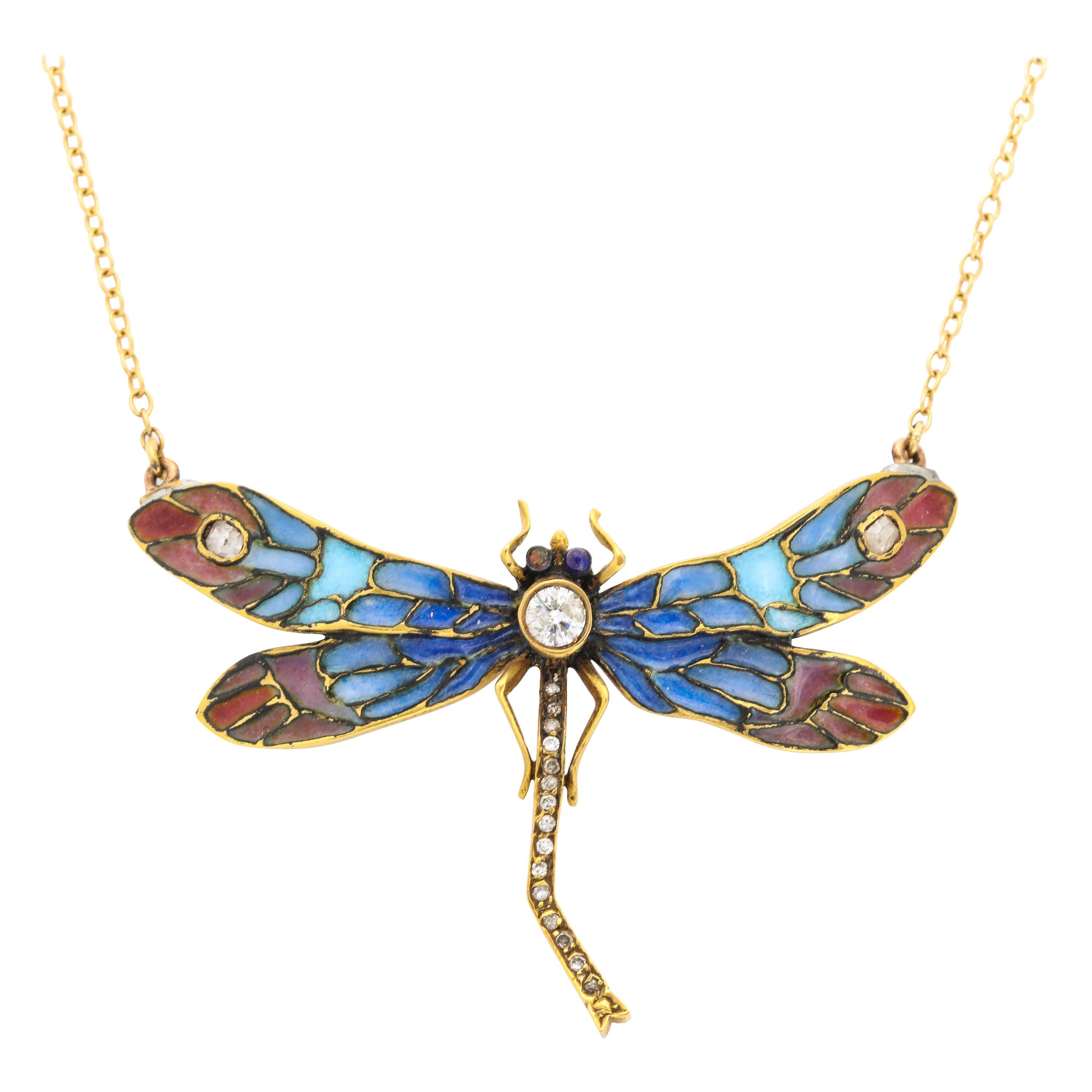 Plique a Jour Diamond Dragonfly Pendant Necklace at 1stDibs