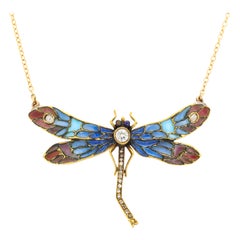 Antique Plique a Jour Diamond Dragonfly Pendant Necklace