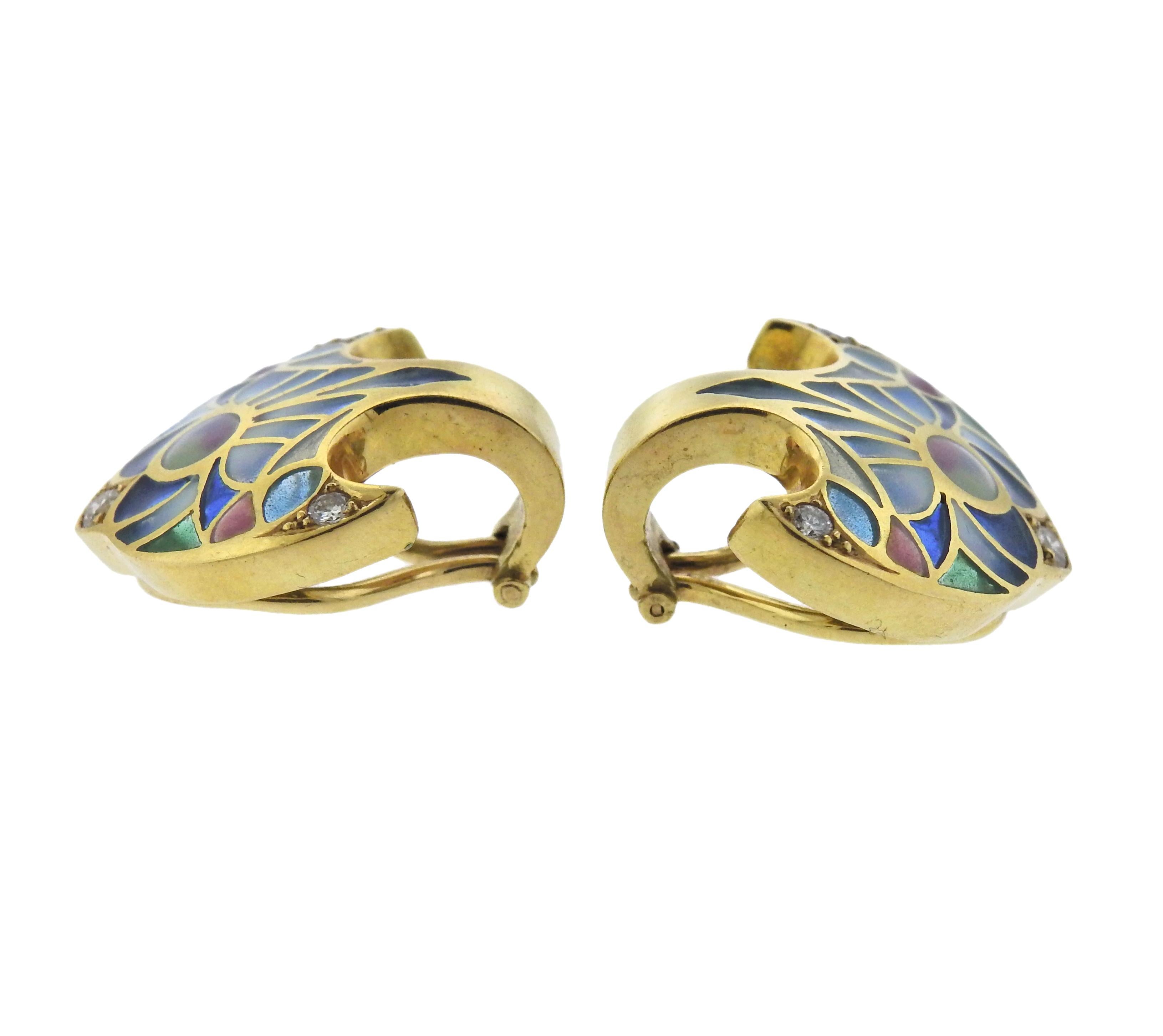 Impressive 18k gold earrings, featuring Plique-a-Jour enamel design, adorned with a total of approx. 0.18ctw in VS-SI/H diamonds.
More items from the set are listed separately - please see last photo
 Earrings are 22mm x 20mm, weigh 13.3 grams. 