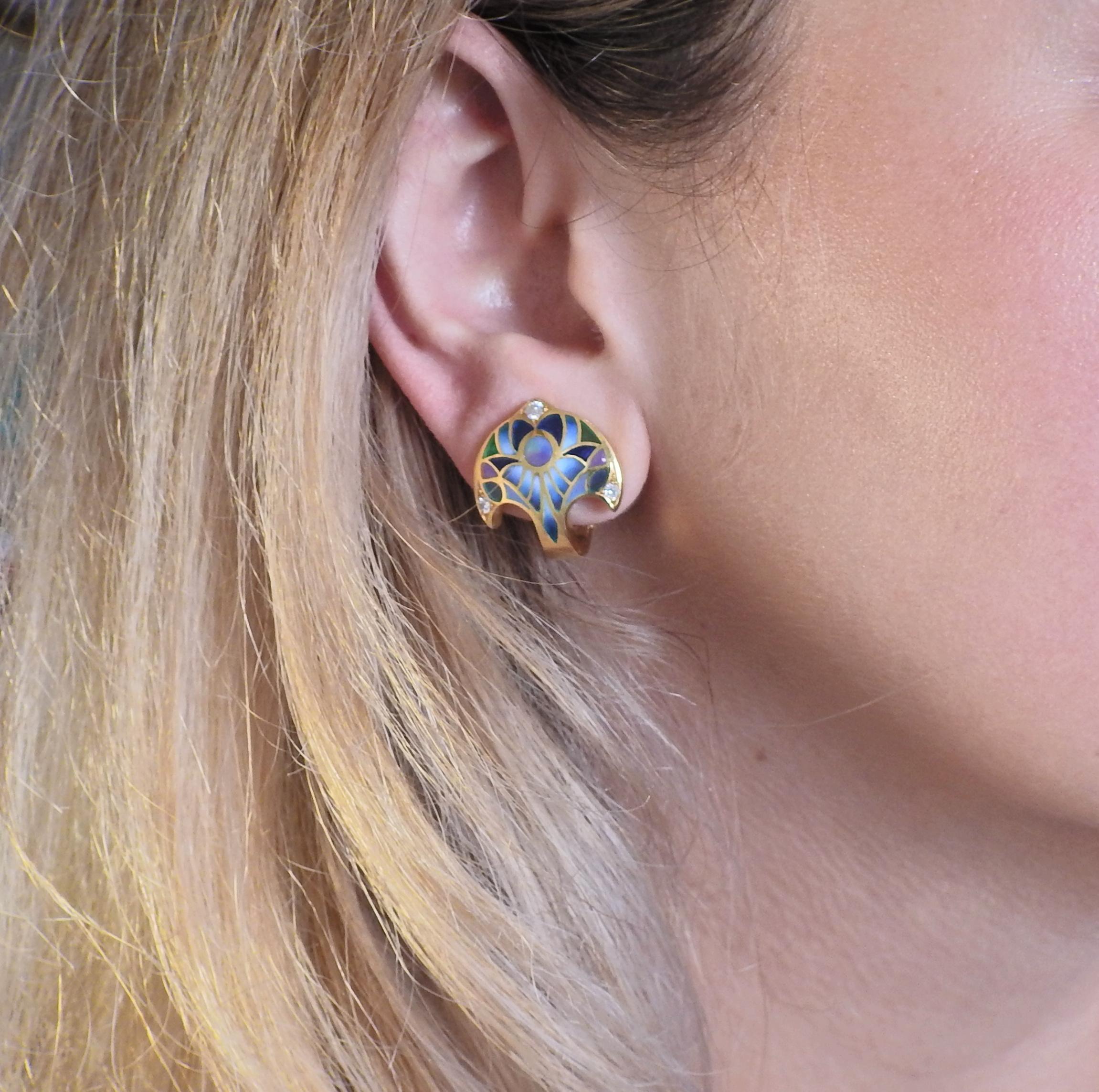 Women's or Men's Plique-à-Jour Diamond Gold Earrings