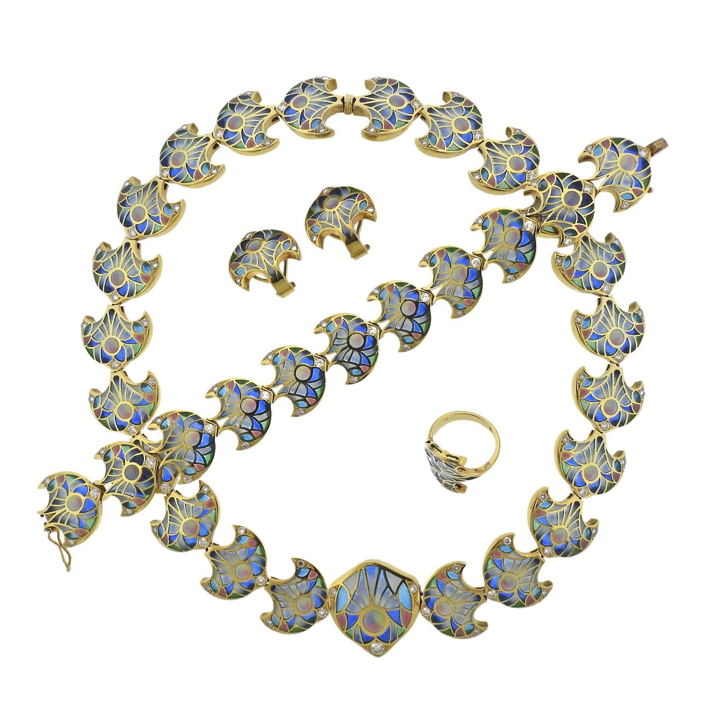 Plique-à-Jour Diamond Gold Earrings 1