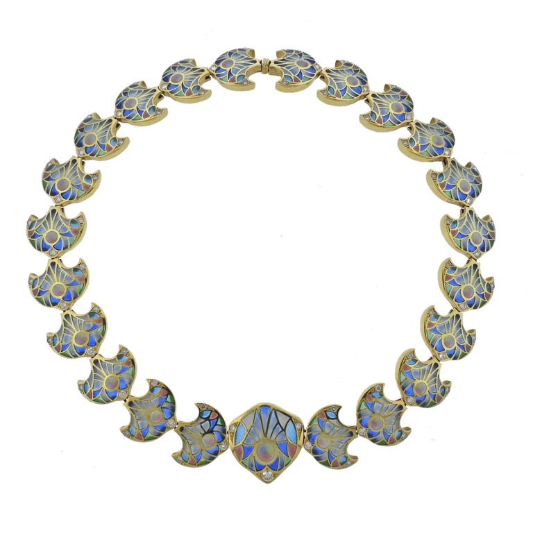 Plique-à-Jour Diamond Gold Necklace at 1stDibs