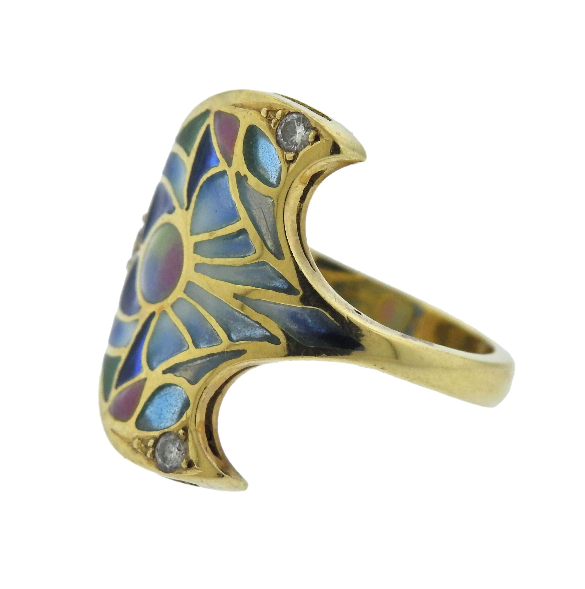 Impressive 18k gold ring, featuring Plique-a-Jour enamel design, adorned with a total of approx. 0.09ctw in VS-SI/H diamonds.
More items from the set are listed separately - please see last photo
Ring size - 6, ring top is 20mm x 15mm, weight is 7.5