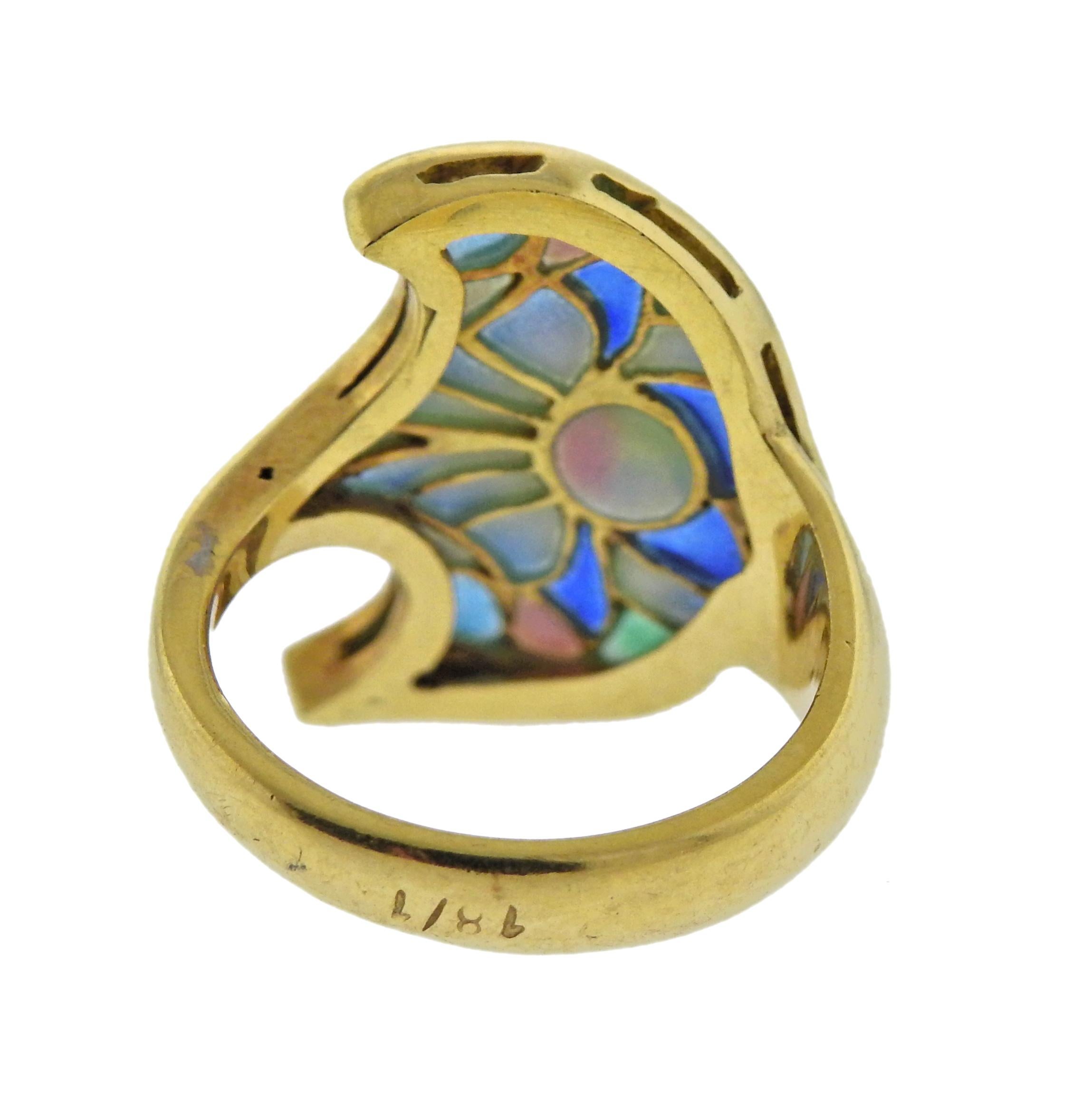 Women's or Men's Plique a Jour Diamond Gold Ring
