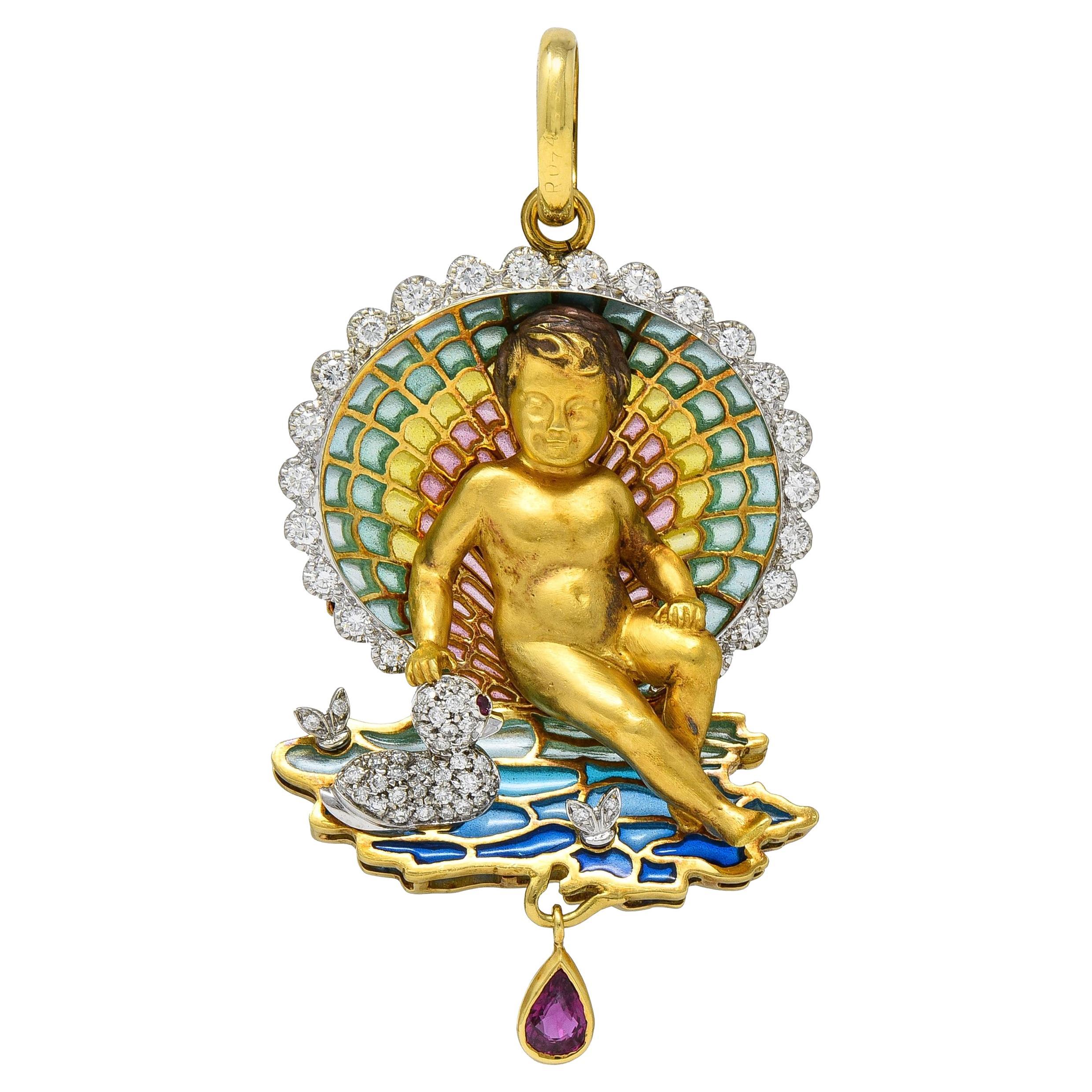 Plique-a-jour Diamond Ruby Enamel 18 Karat Gold Cherub Duck Pond Pendant