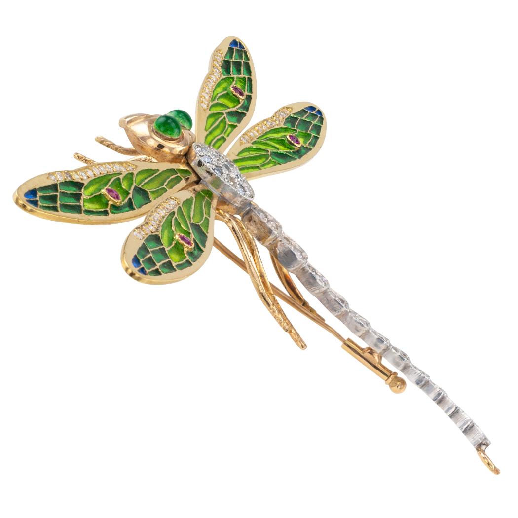 Contemporary Plique à Jour Dragon Fly Diamond Ruby Brooch