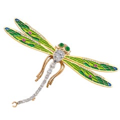 Plique à Jour Dragon Fly Diamond Ruby Brooch